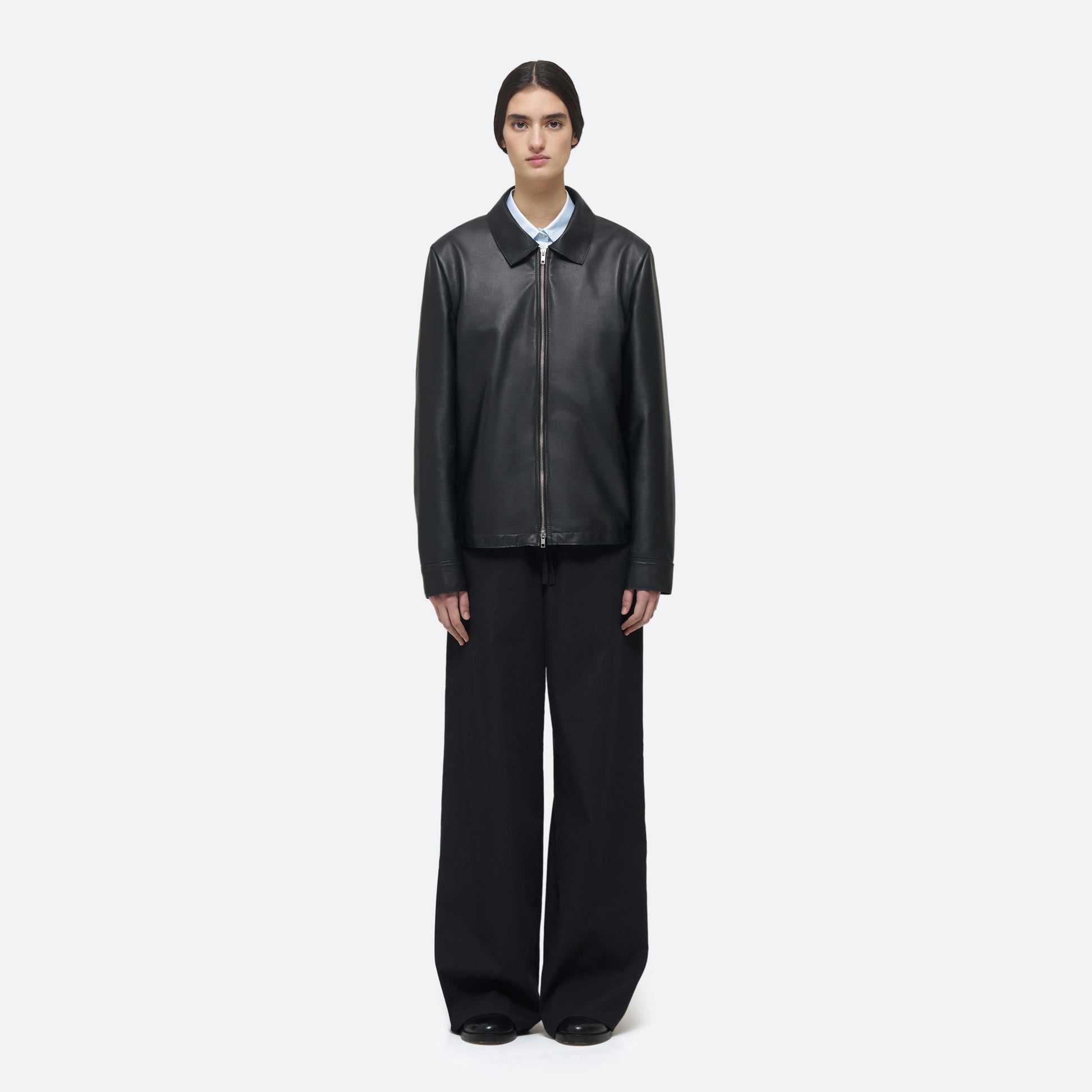 Leather Zip Blouson in Black Leather on model