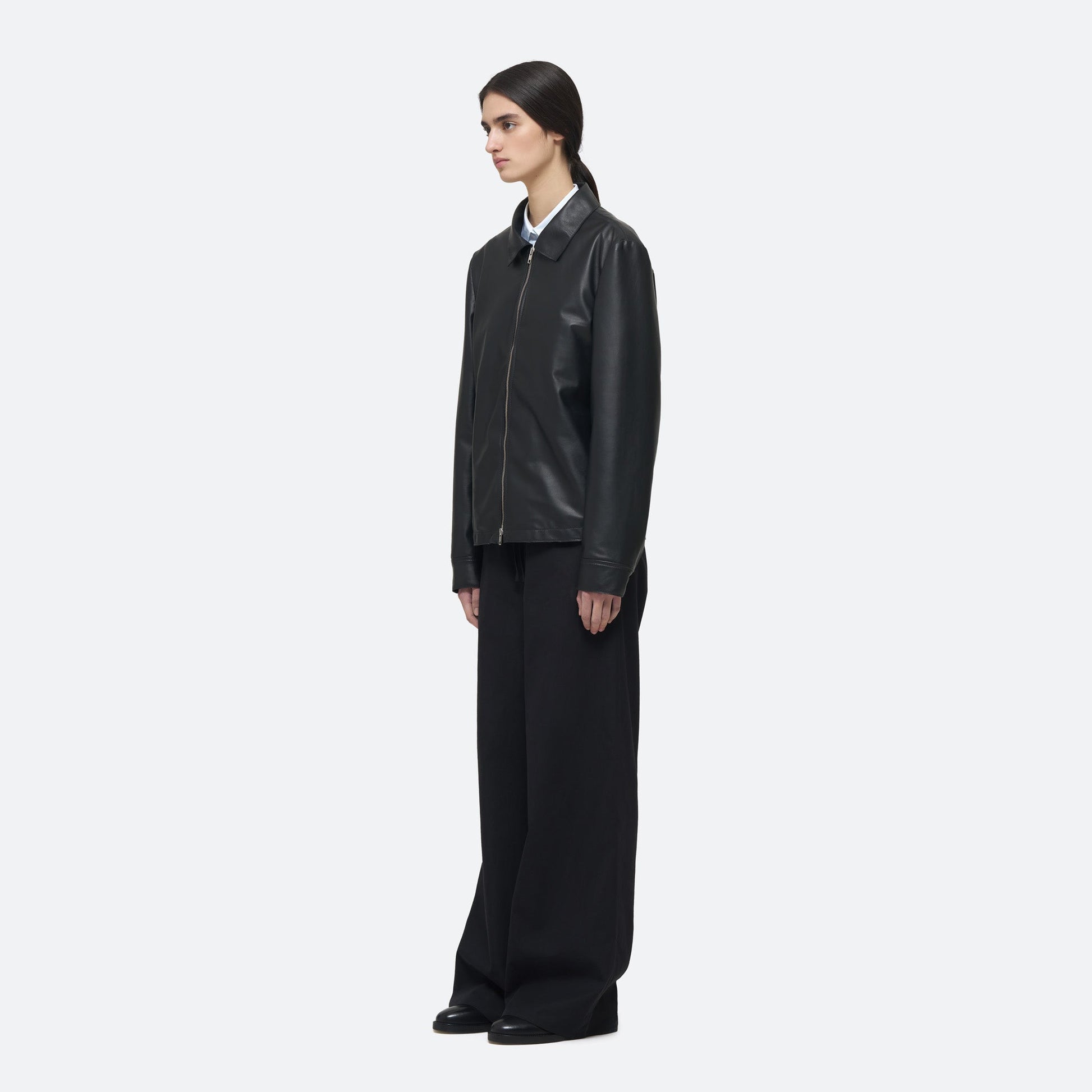 Leather Zip Blouson in Black Leather on model