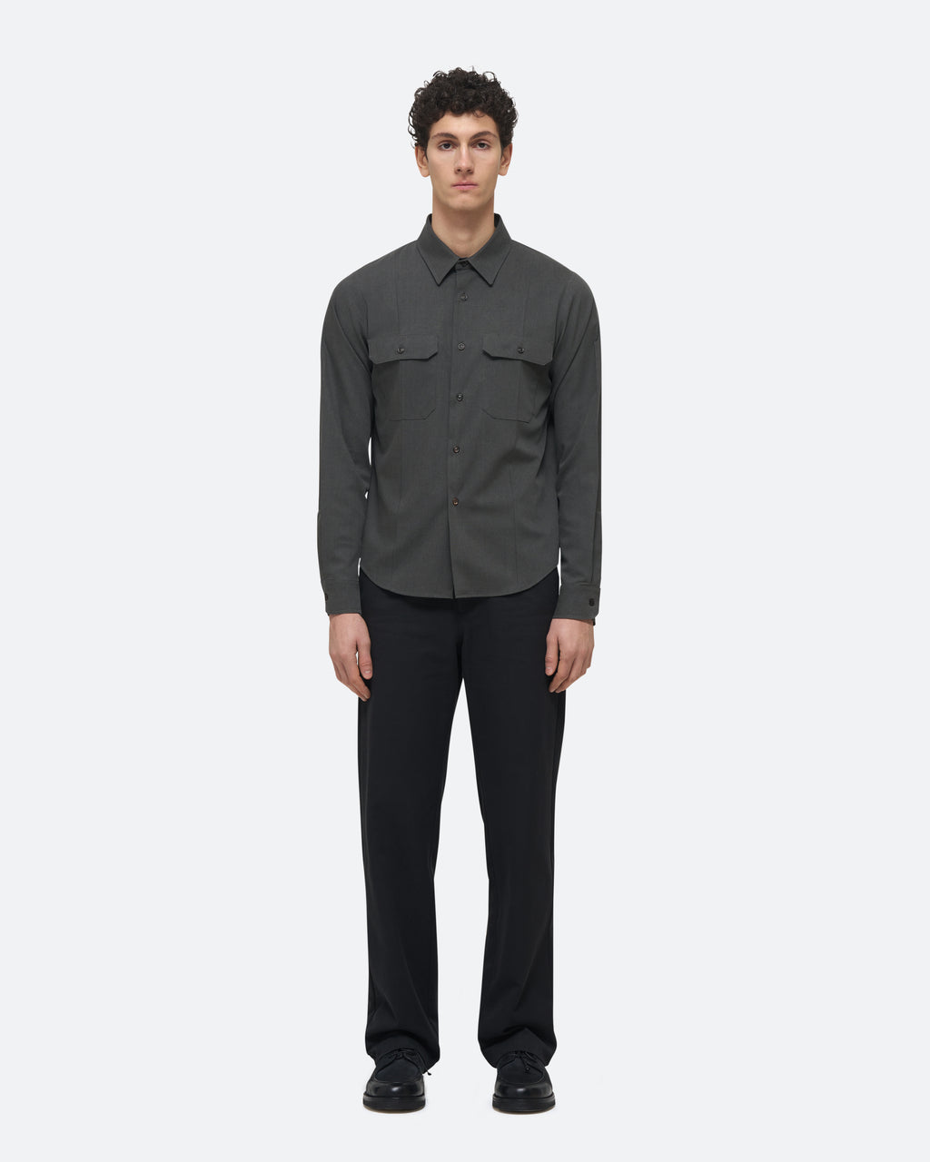 Wool Uniform Shirt in Black on model