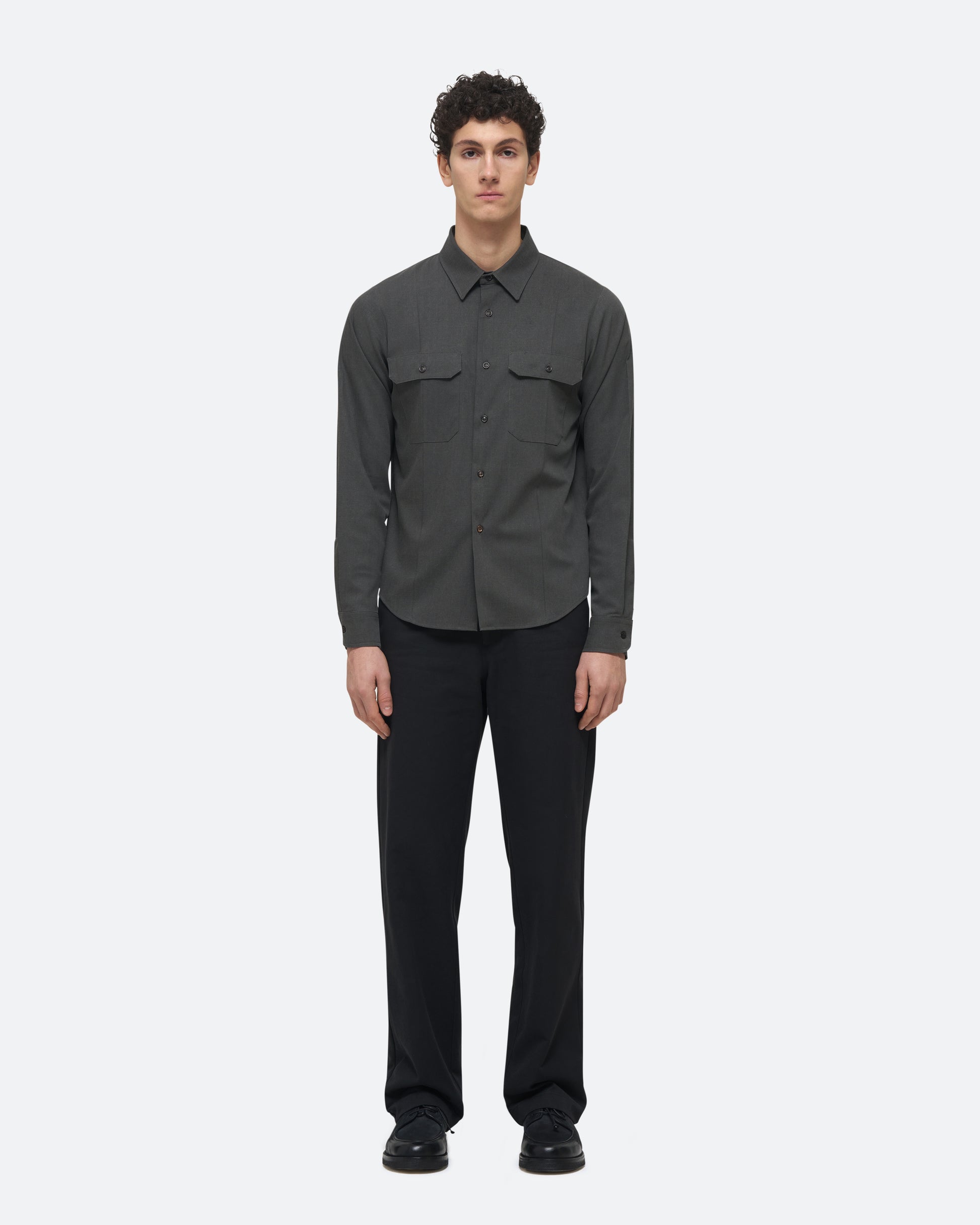 Wool Uniform Shirt in Black on model