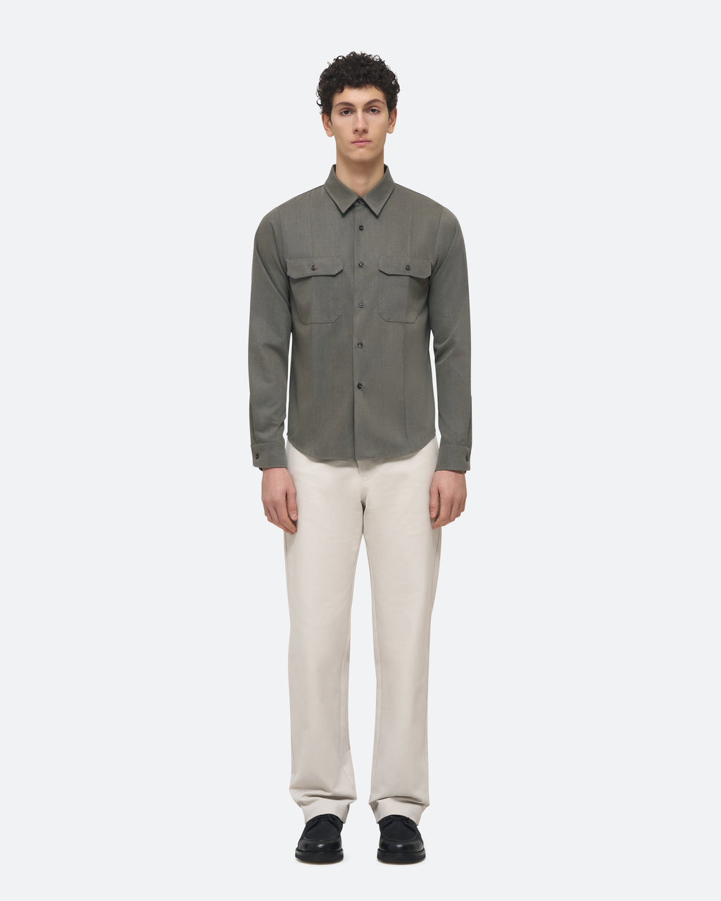 Wool Uniform Shirt in Militaire on model