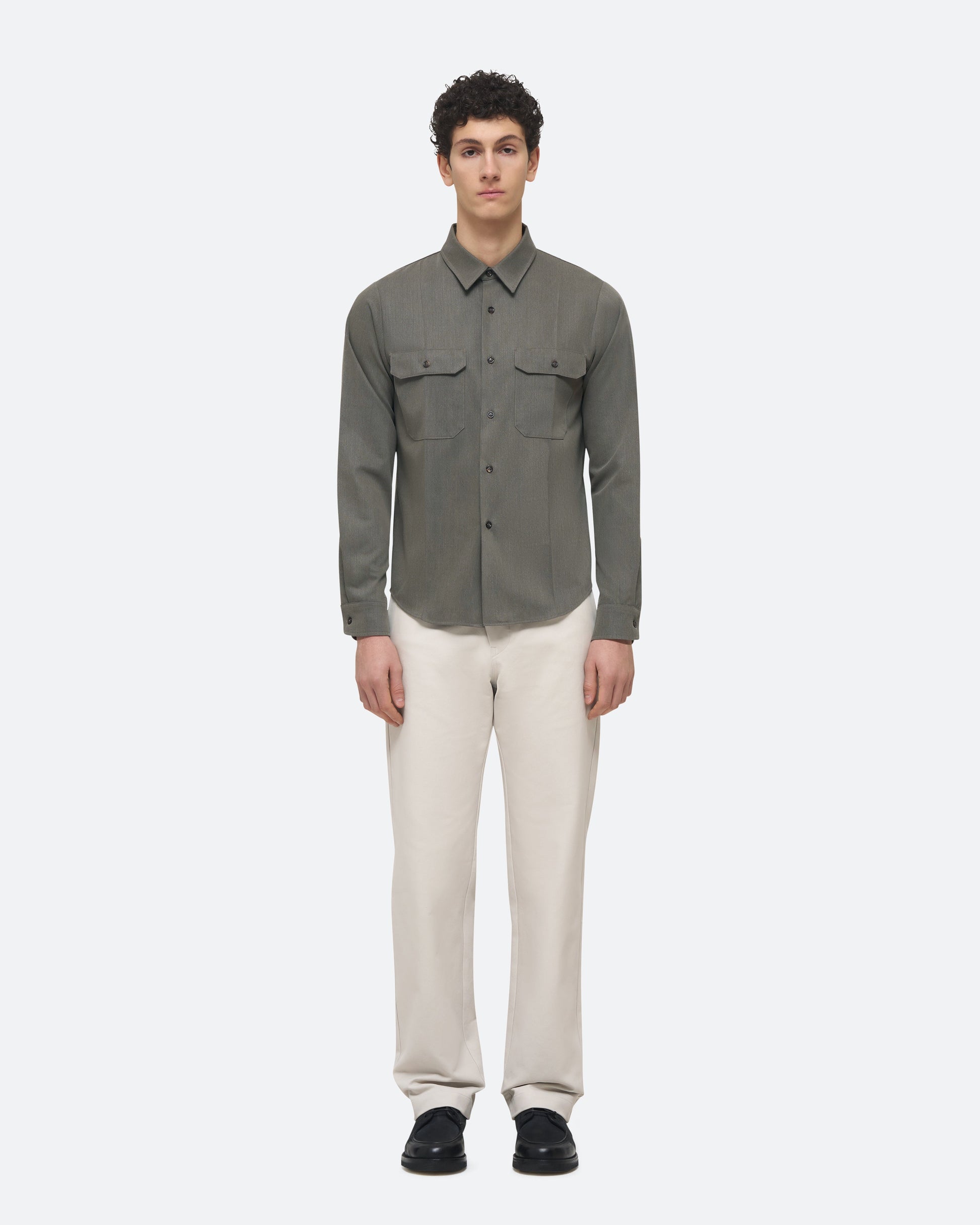 Wool Uniform Shirt in Militaire on model