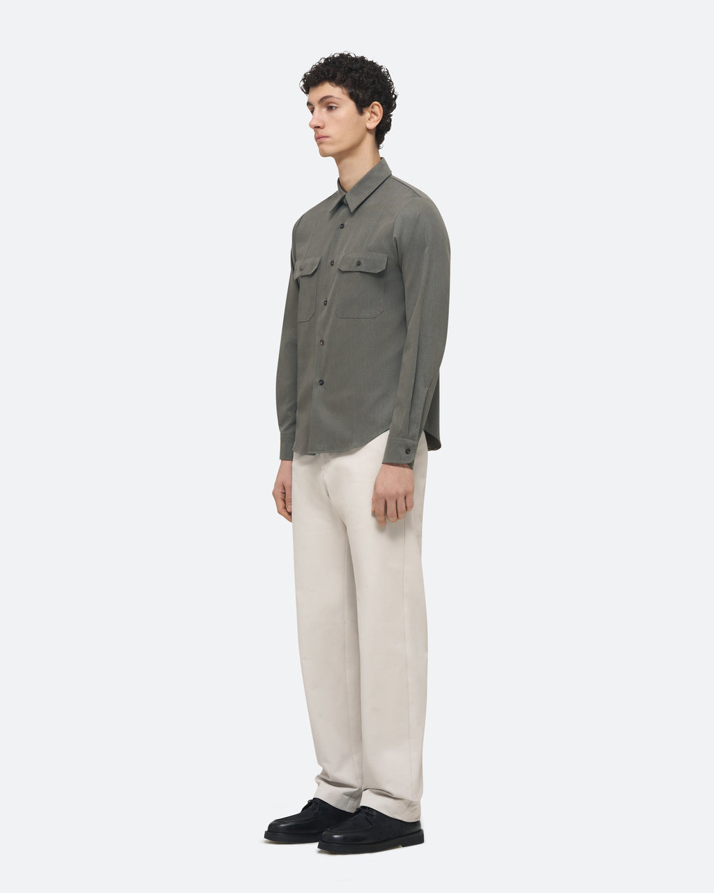 Wool Uniform Shirt in Militaire on model