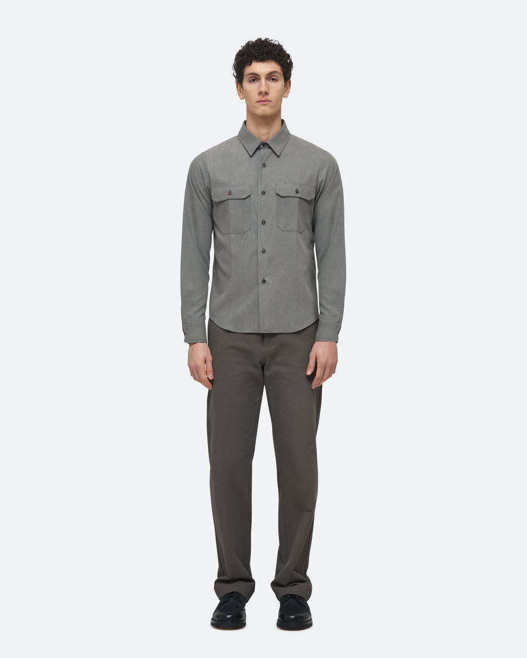 Wool Uniform Shirt in Pearl on model