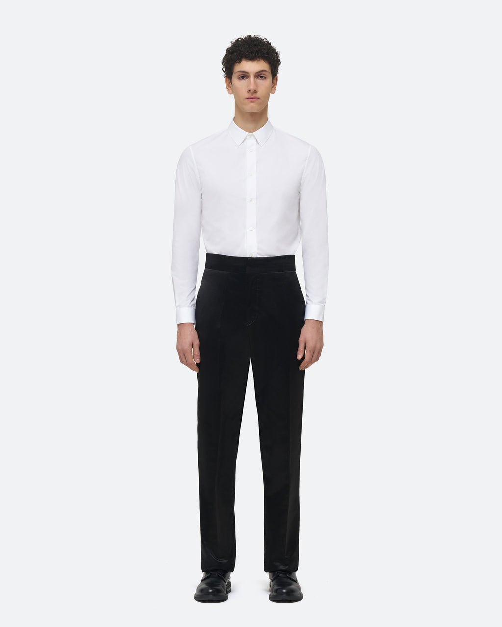 Evening Trouser in Black Silk Satin on model