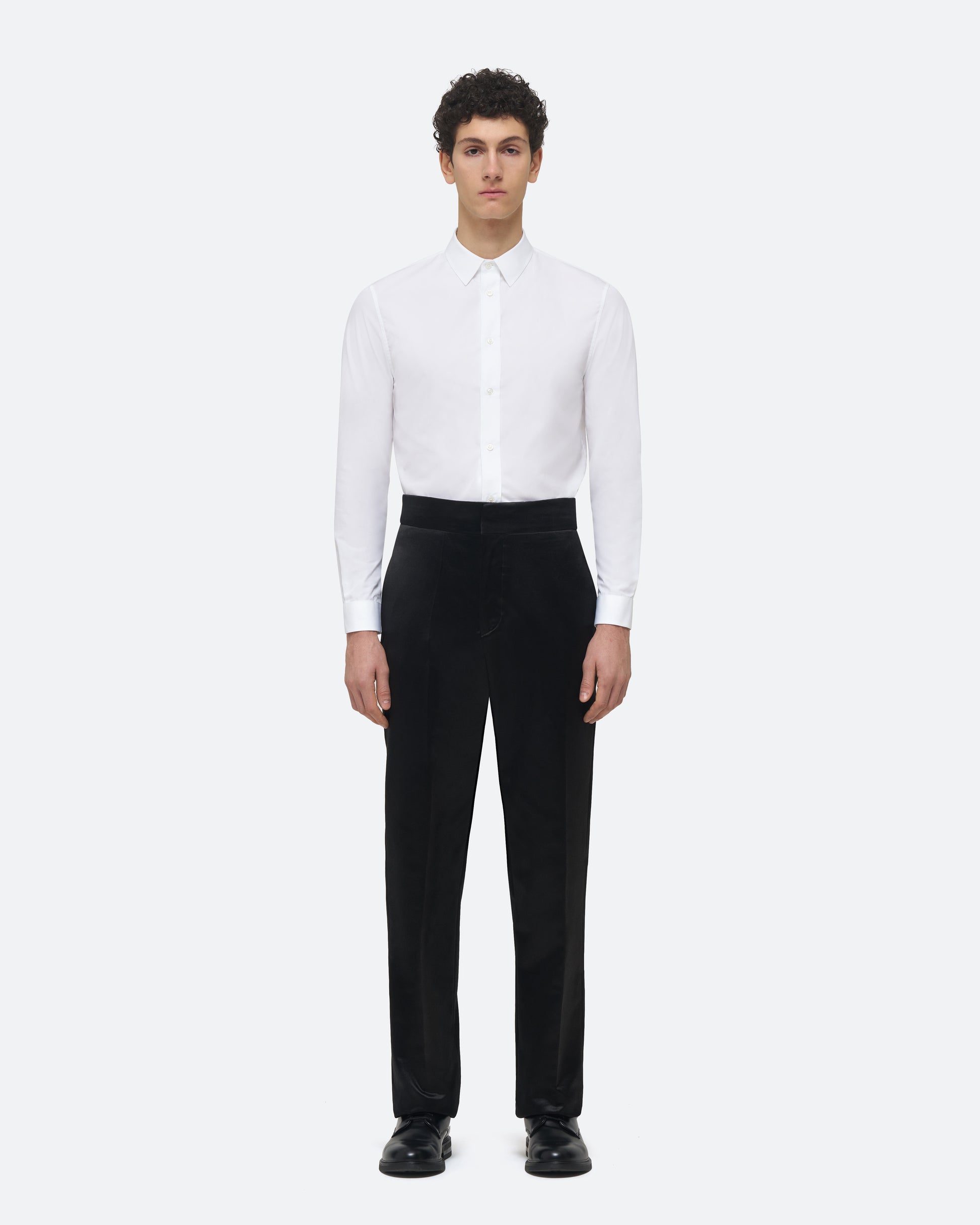 Evening Trouser in Black Silk Satin on model