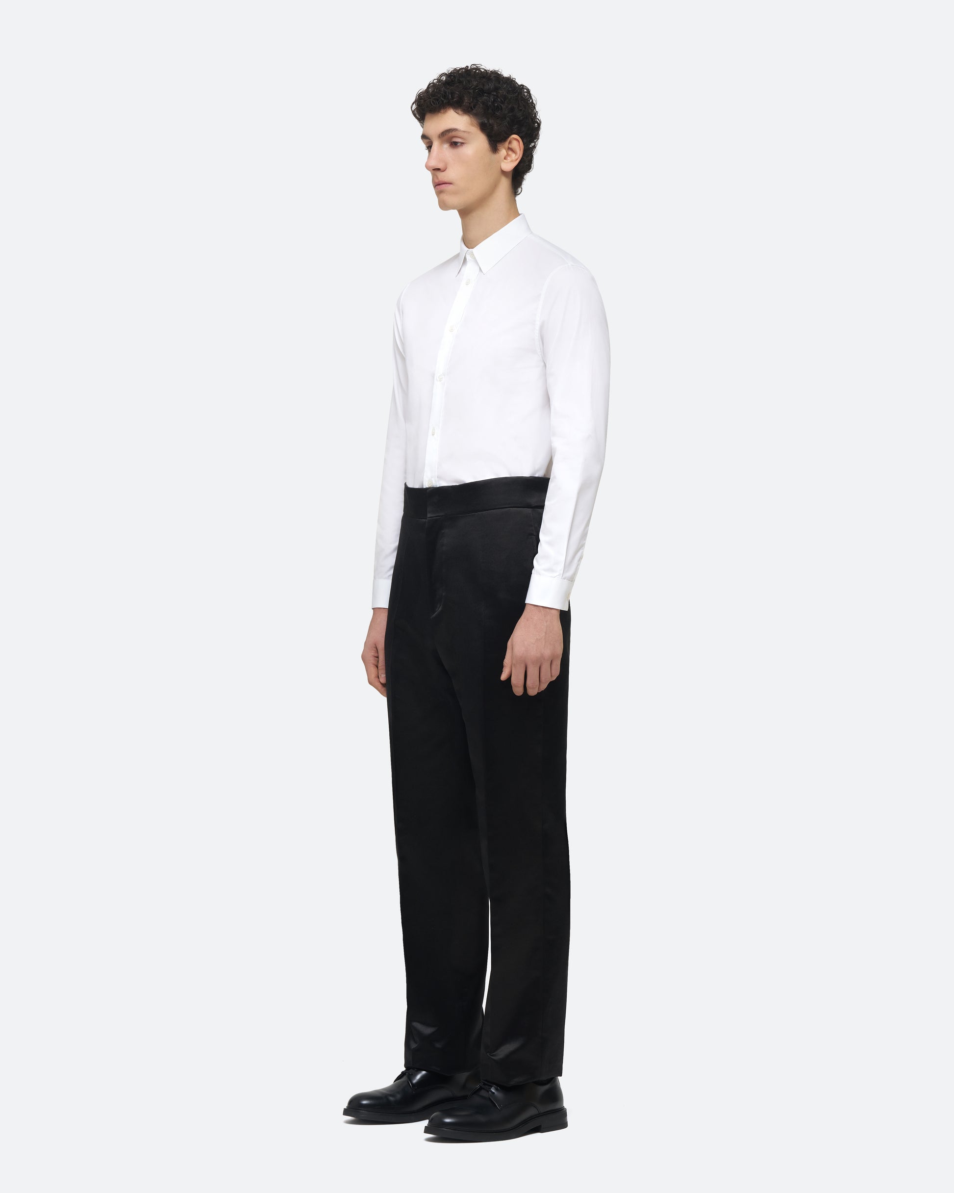 Evening Trouser in Black Silk Satin on model