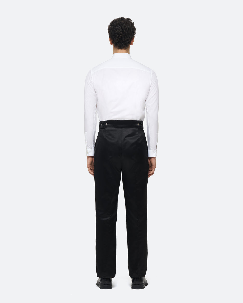 Evening Trouser in Black Silk Satin on model
