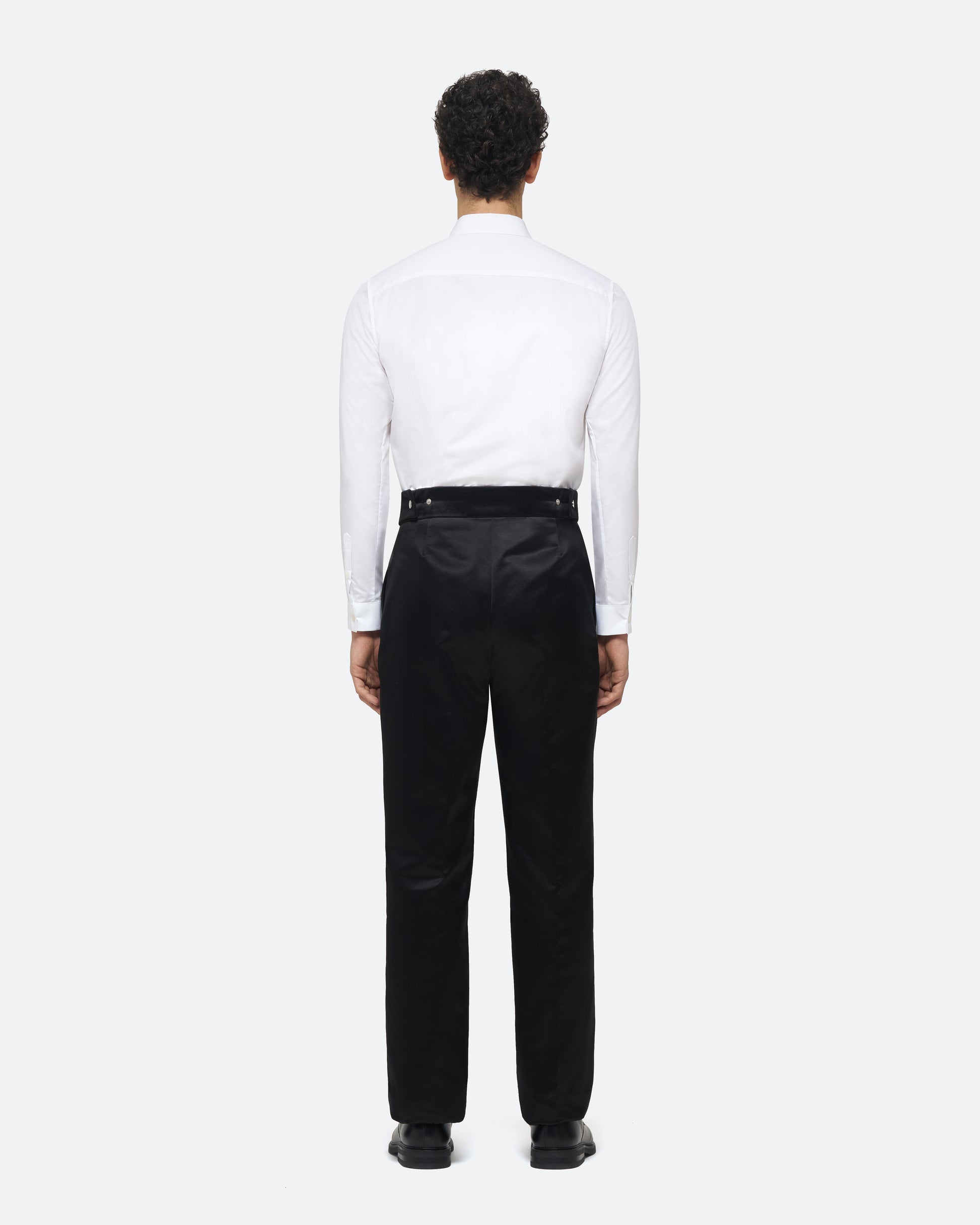 Evening Trouser in Black Silk Satin on model