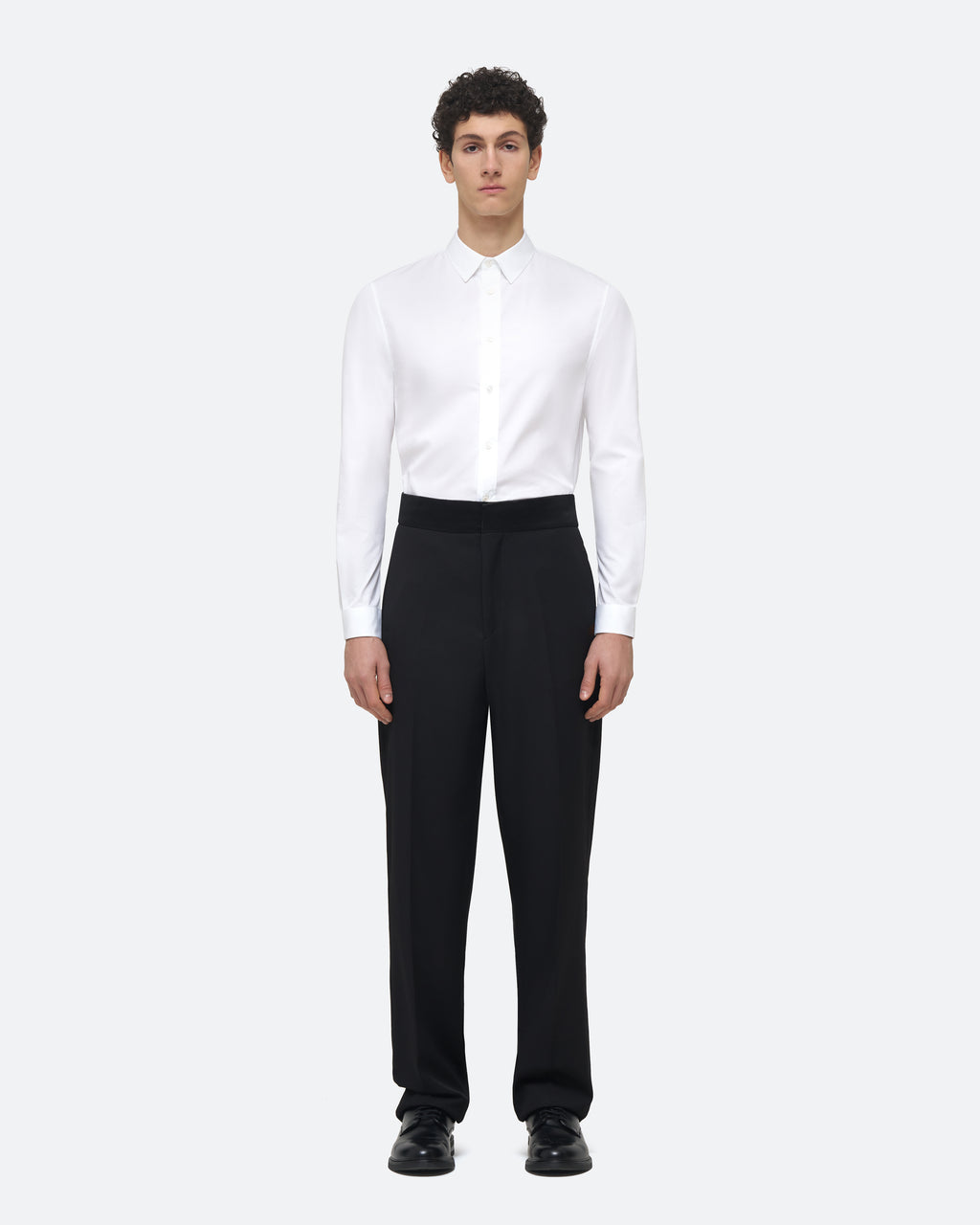 Evening Trouser in Black Wool on model