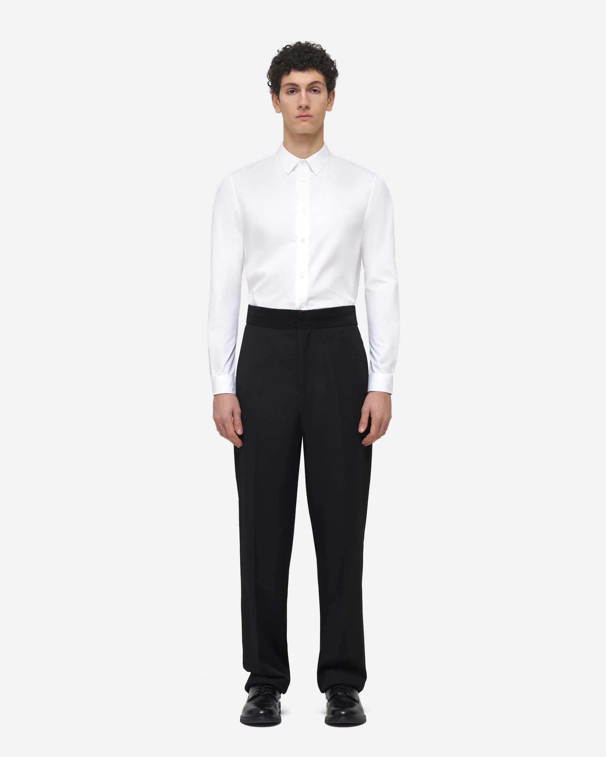 Evening Trouser in Black Wool on model