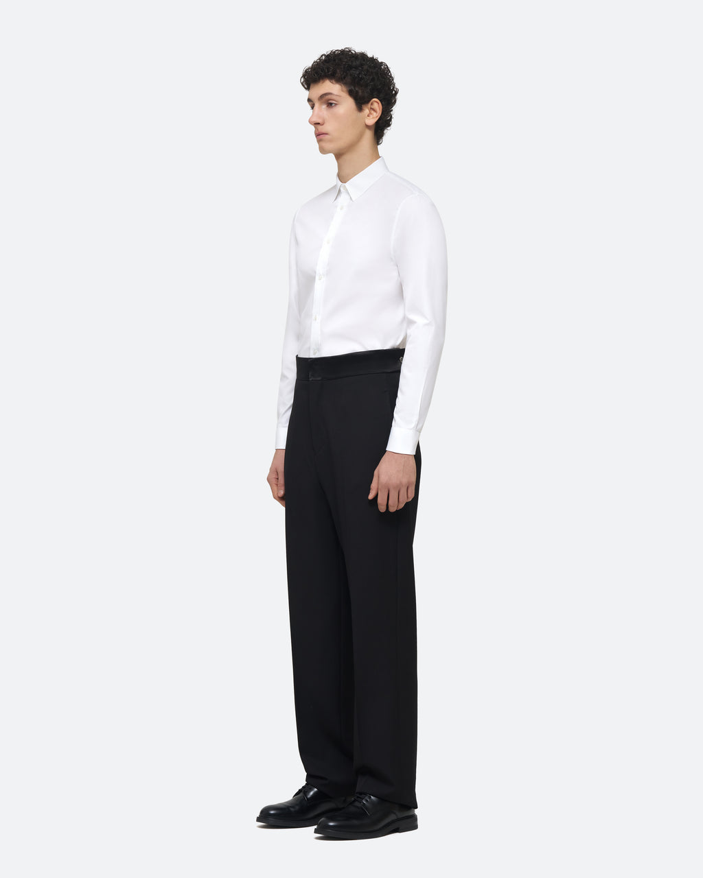 Evening Trouser in Black Wool on model