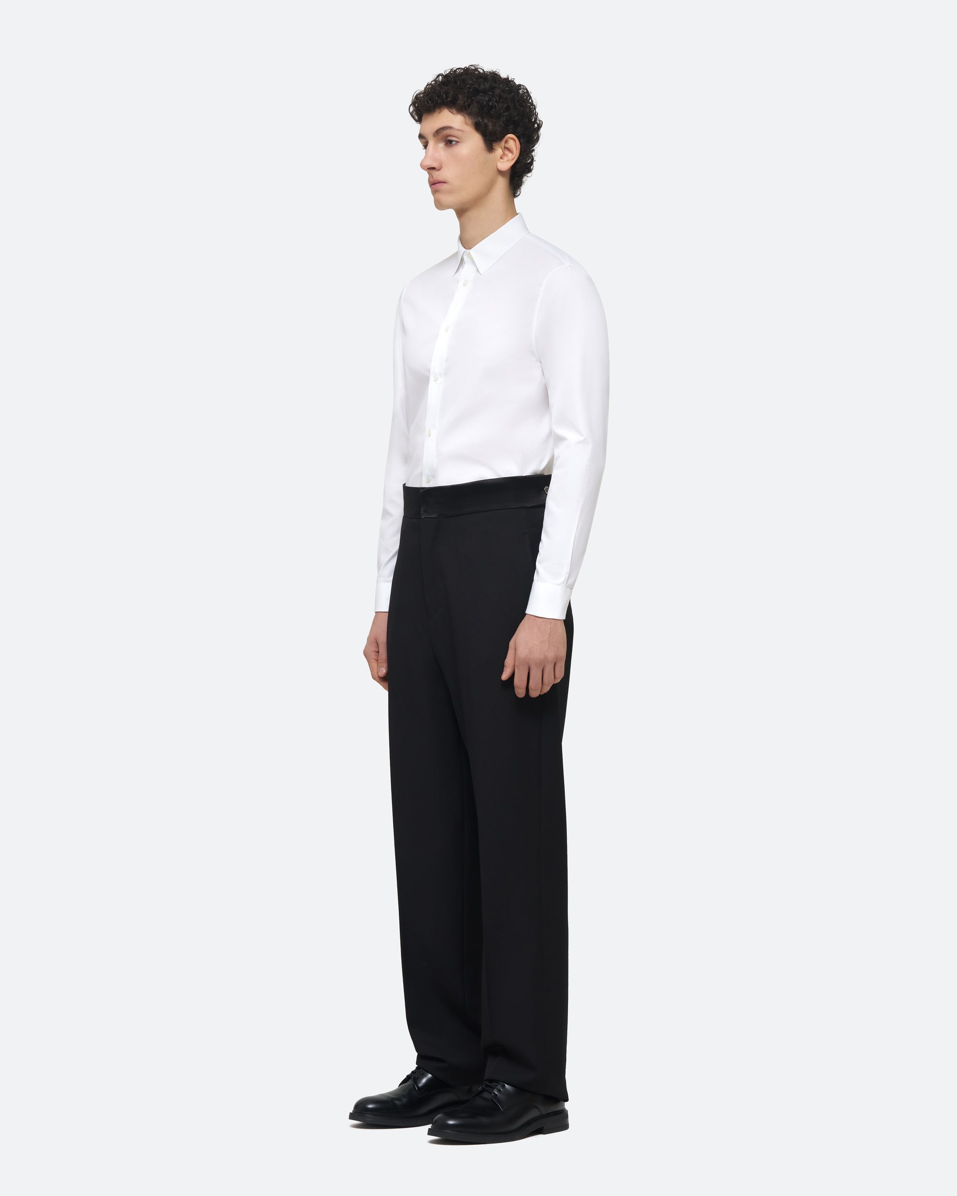 Evening Trouser in Black Wool on model