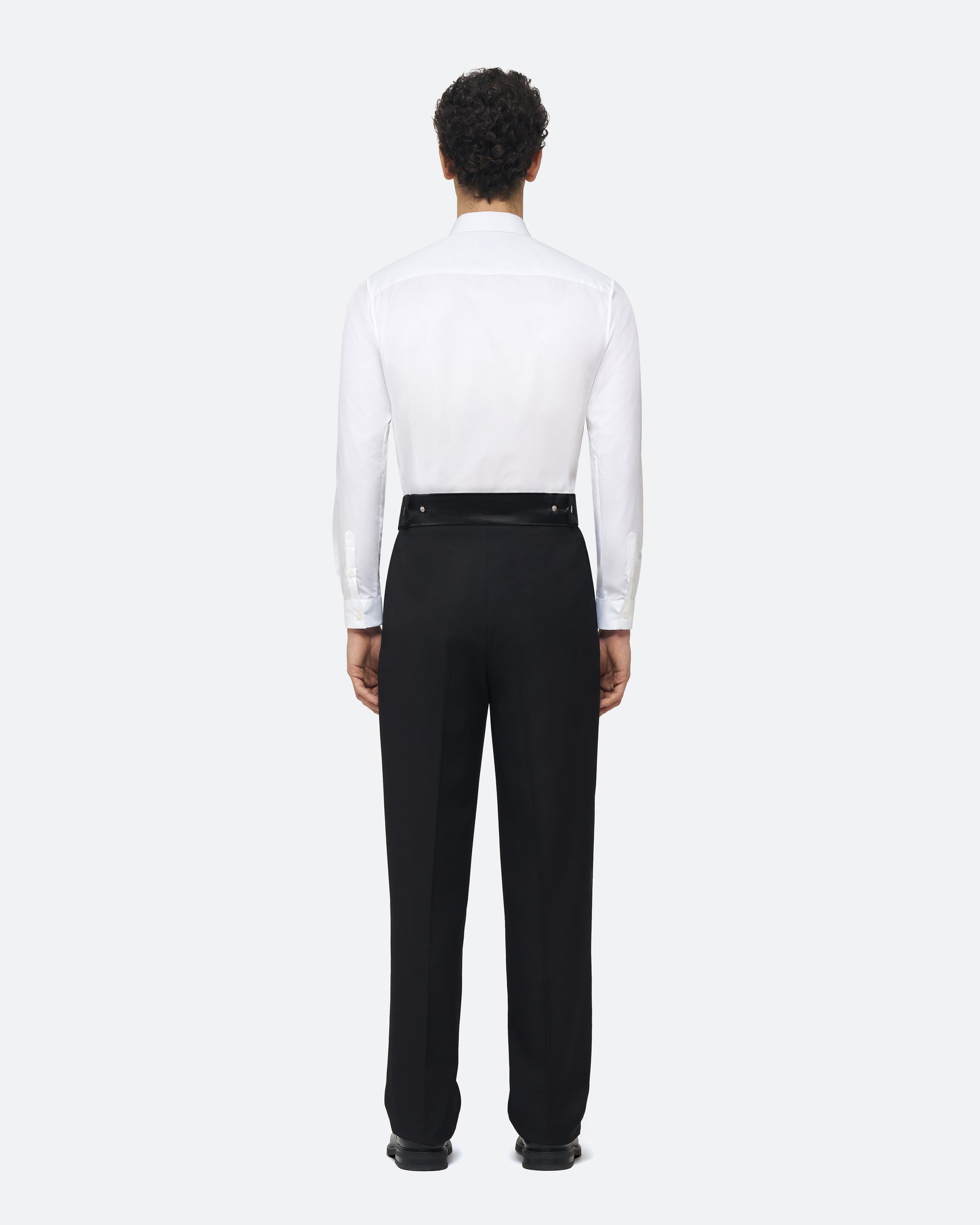 Evening Trouser in Black Wool on model