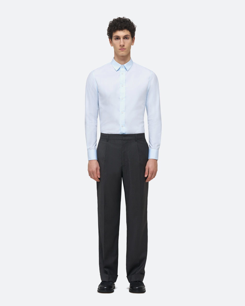 Wool Pleated Trouser in Charcoal on model