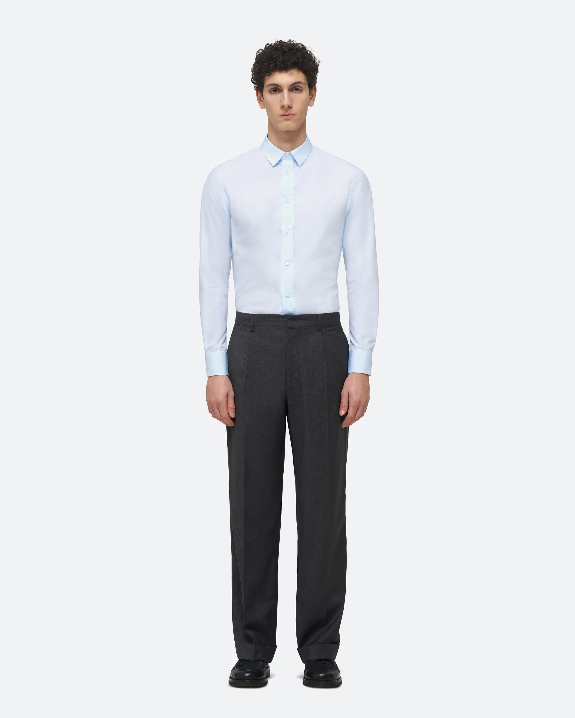 Wool Pleated Trouser in Charcoal on model