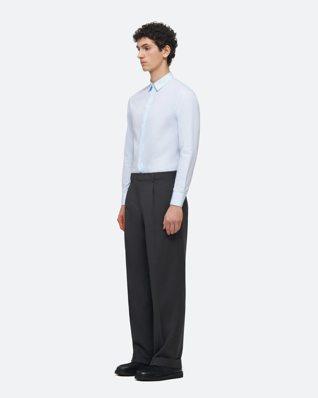 Wool Pleated Trouser in Charcoal on model