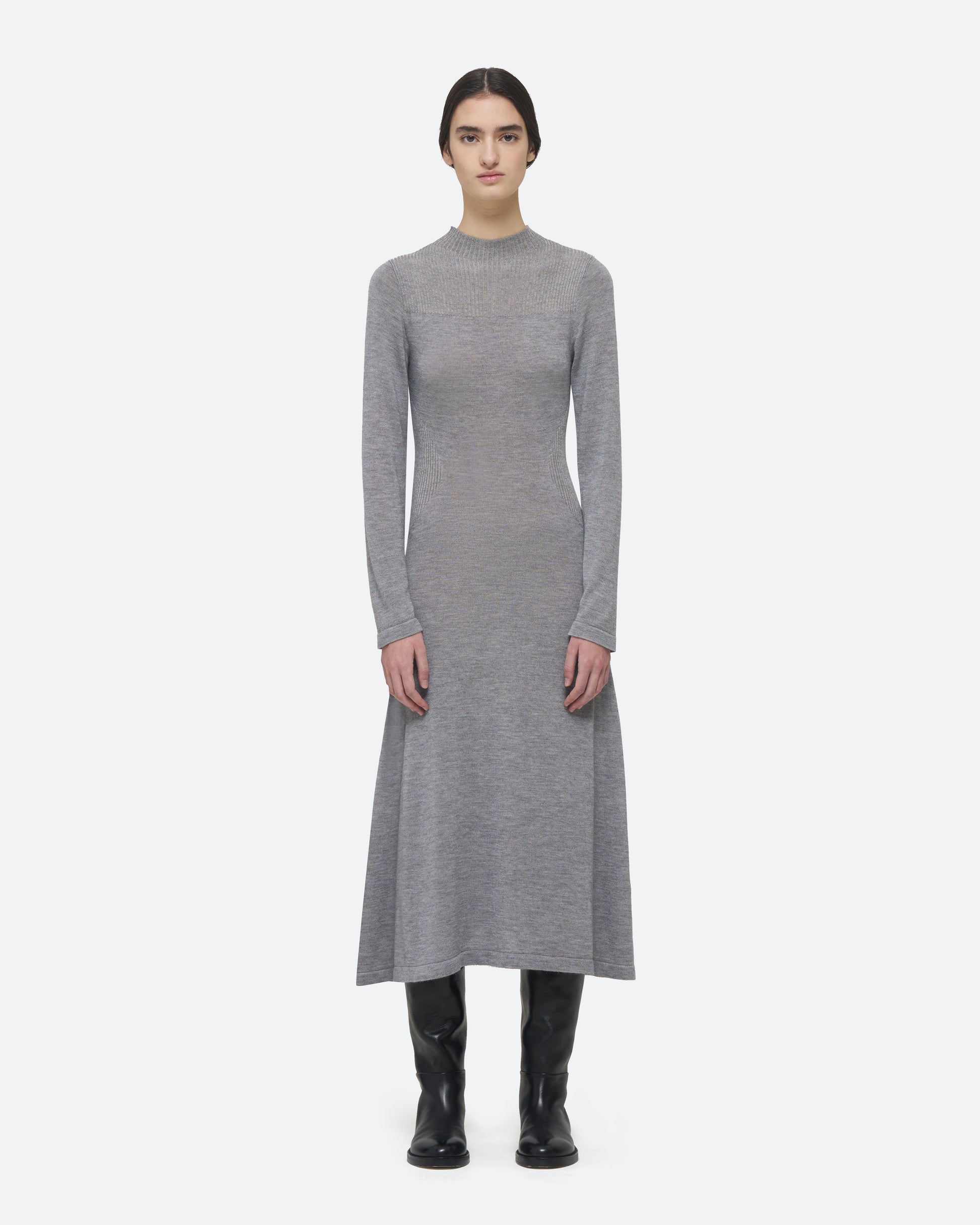 Cashmere Silk Knit Dress in Gray on model