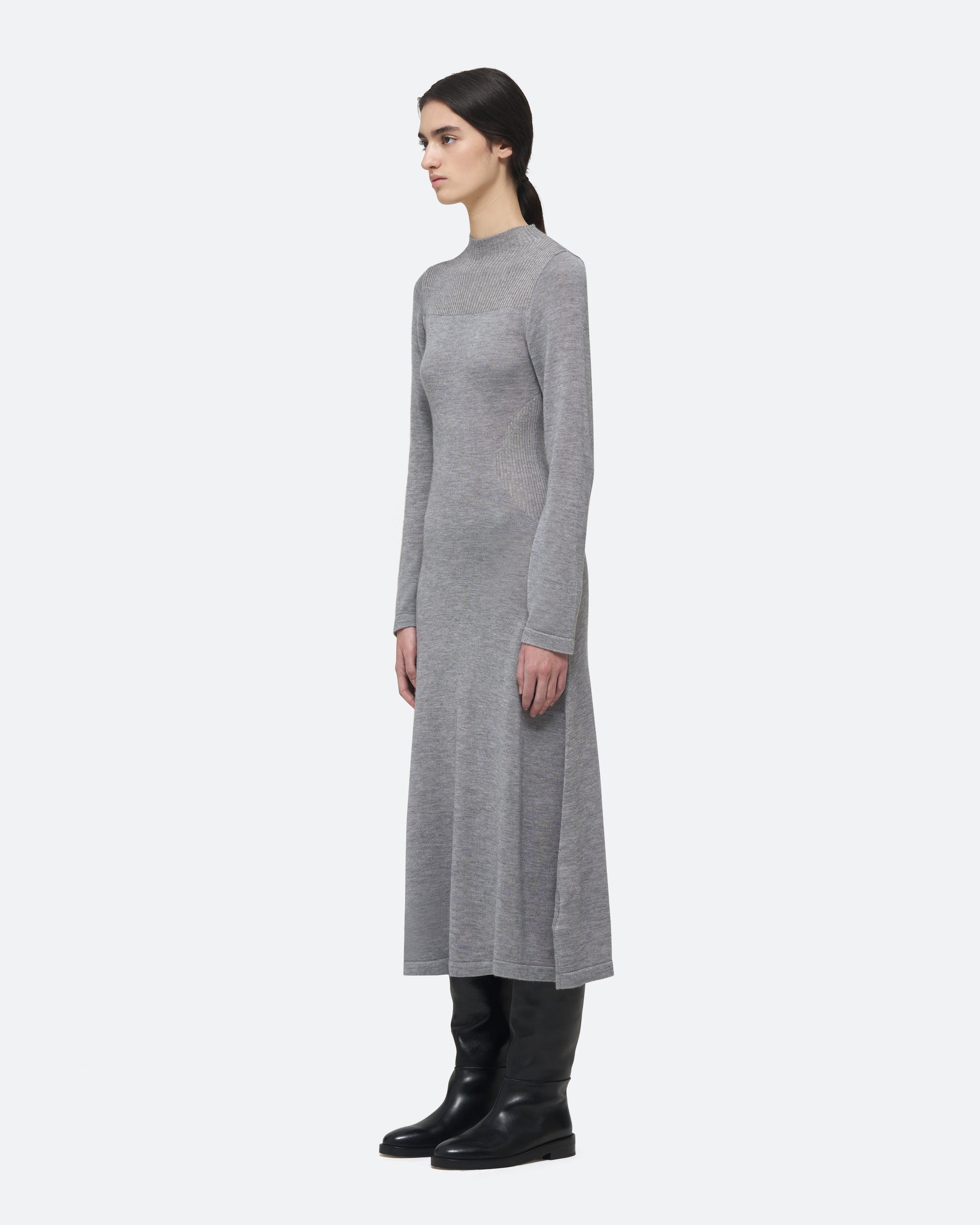 Cashmere Silk Knit Dress in Gray on model