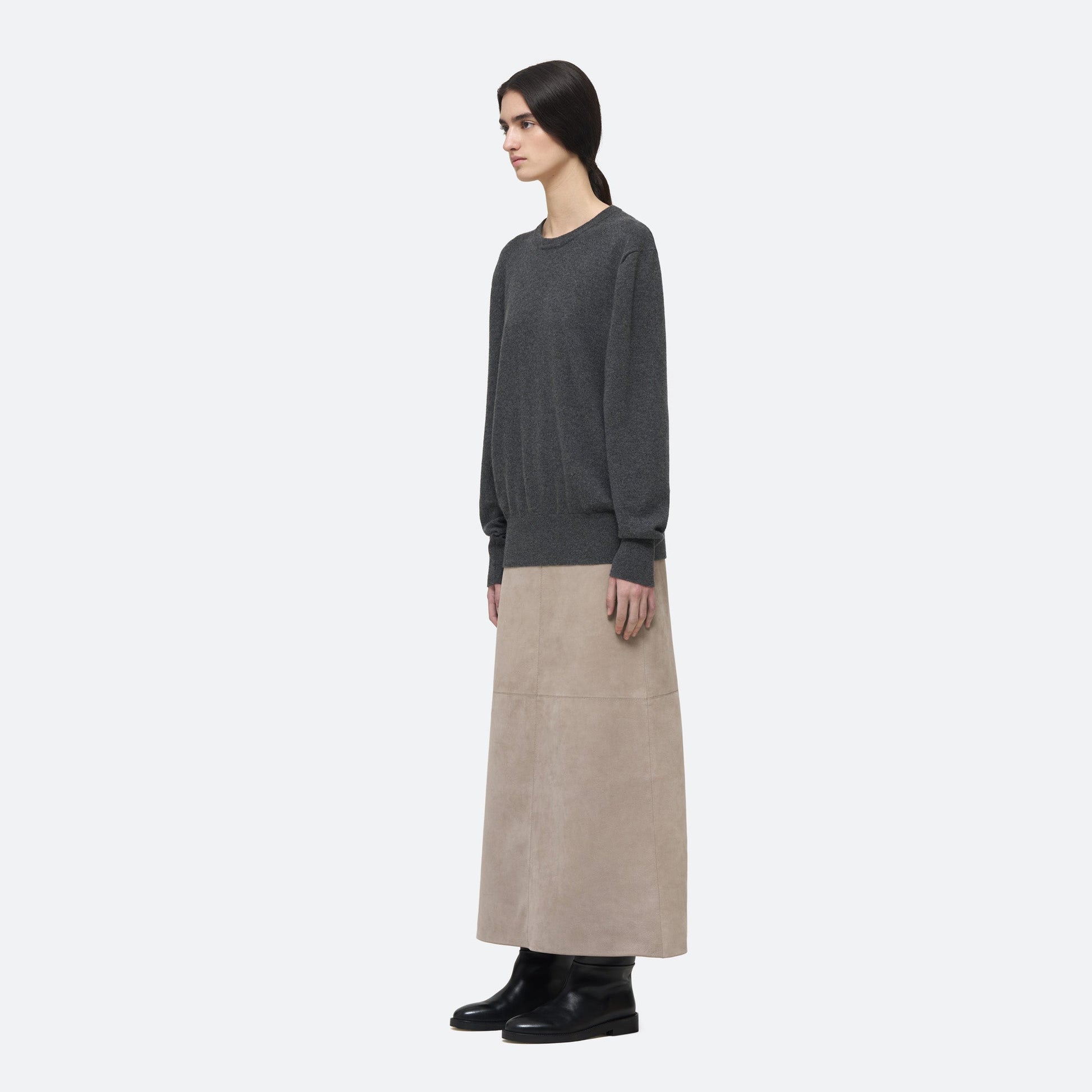 Cashmere Crew Sweater in Charcoal on model
