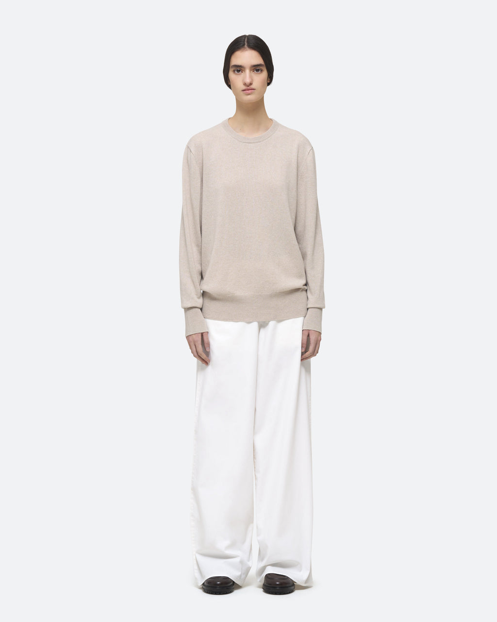 Cashmere Crew Sweater in Feather on model