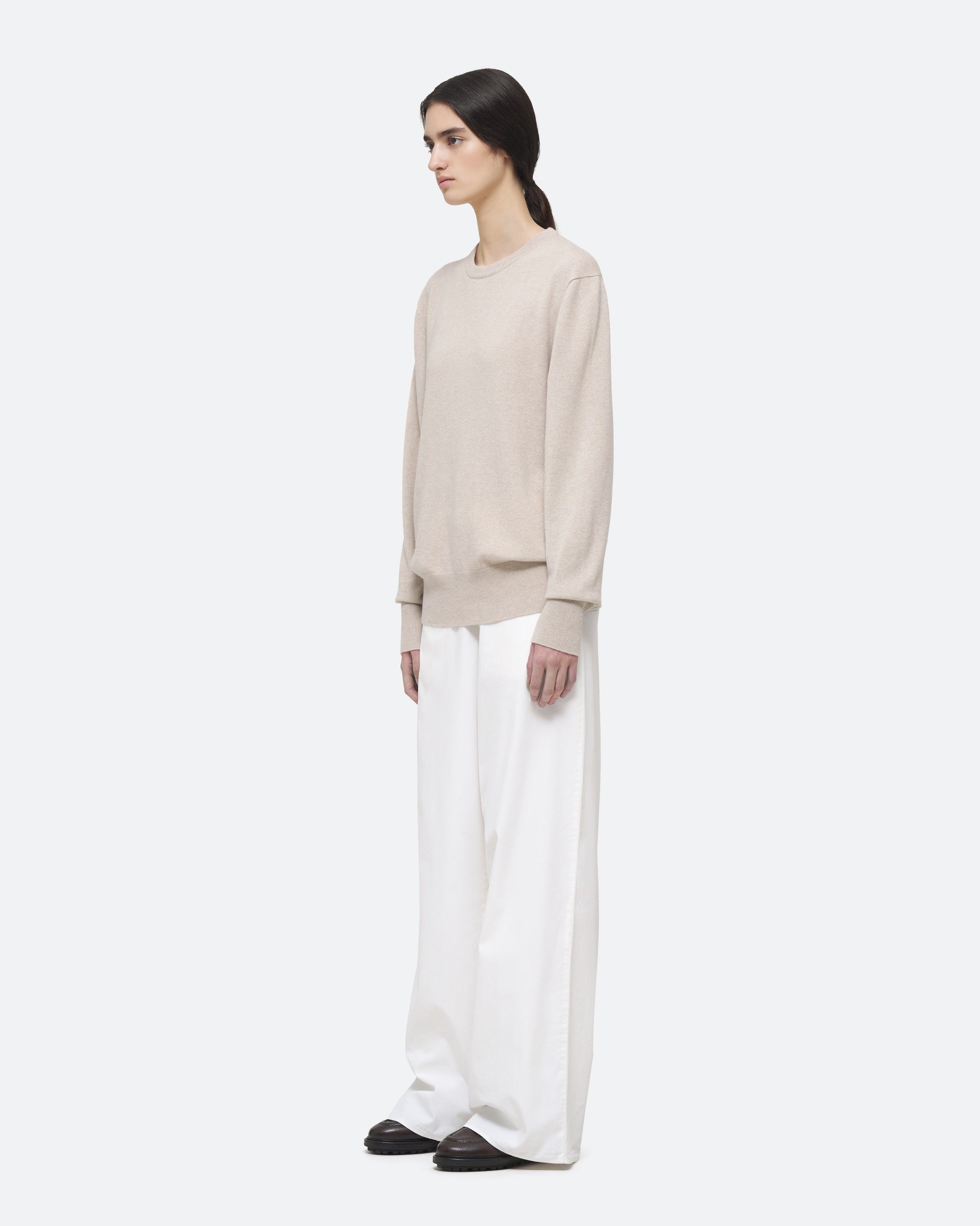Cashmere Crew Sweater in Feather on model