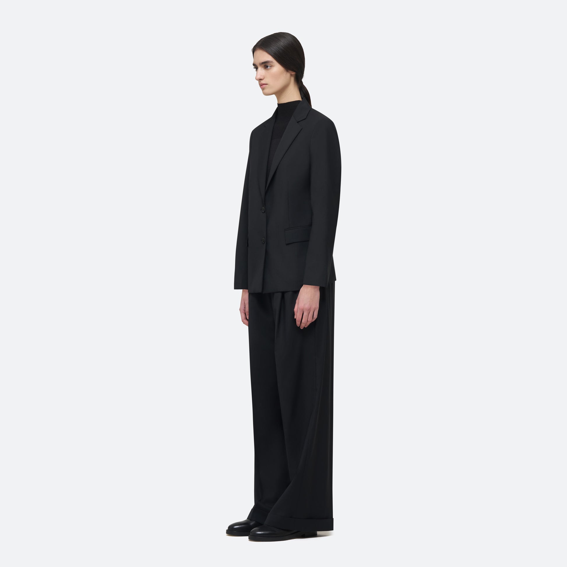 Wool Single Breasted Jacket in Black on model