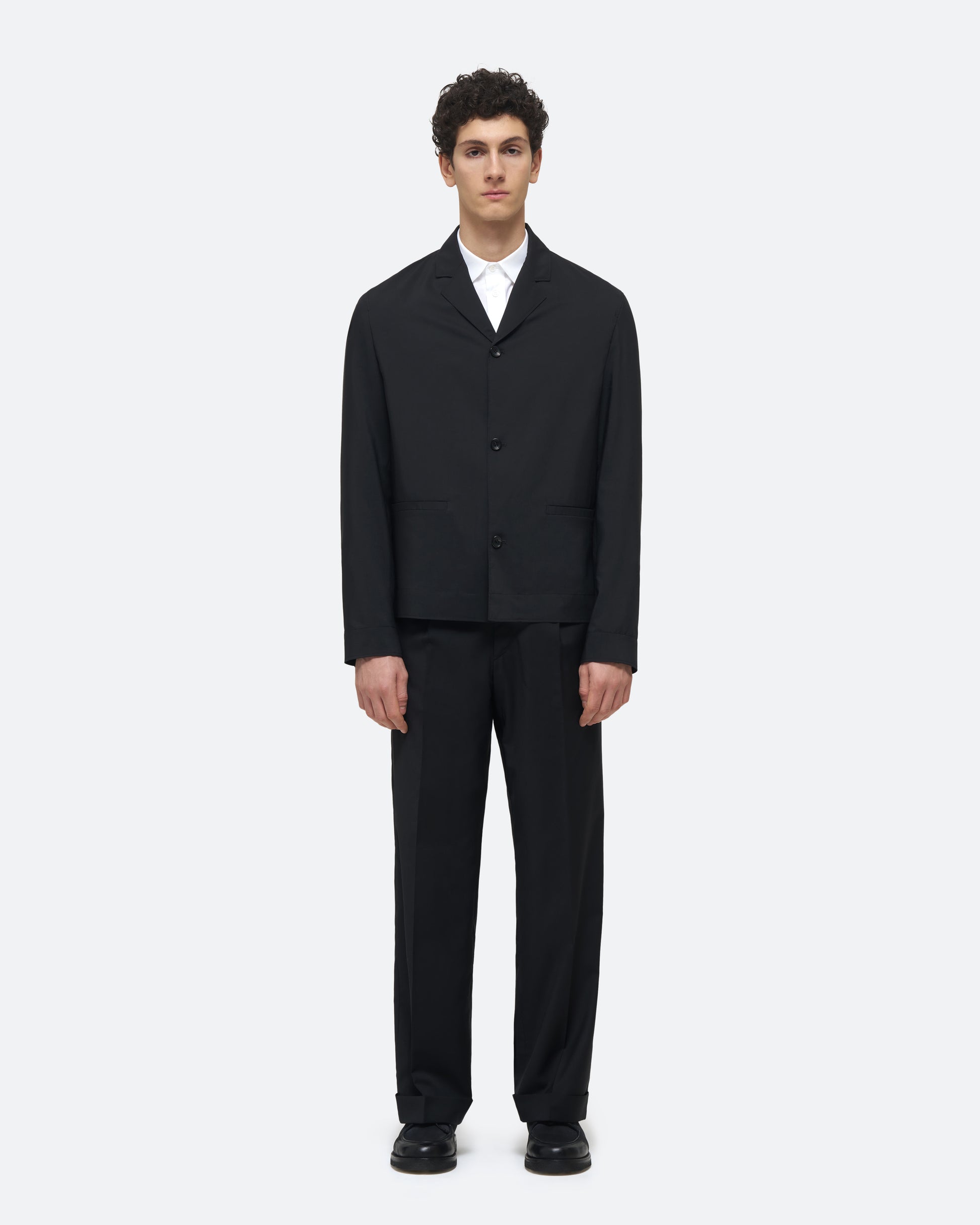 Wool Silk Jacket in Black Wool Silk on model