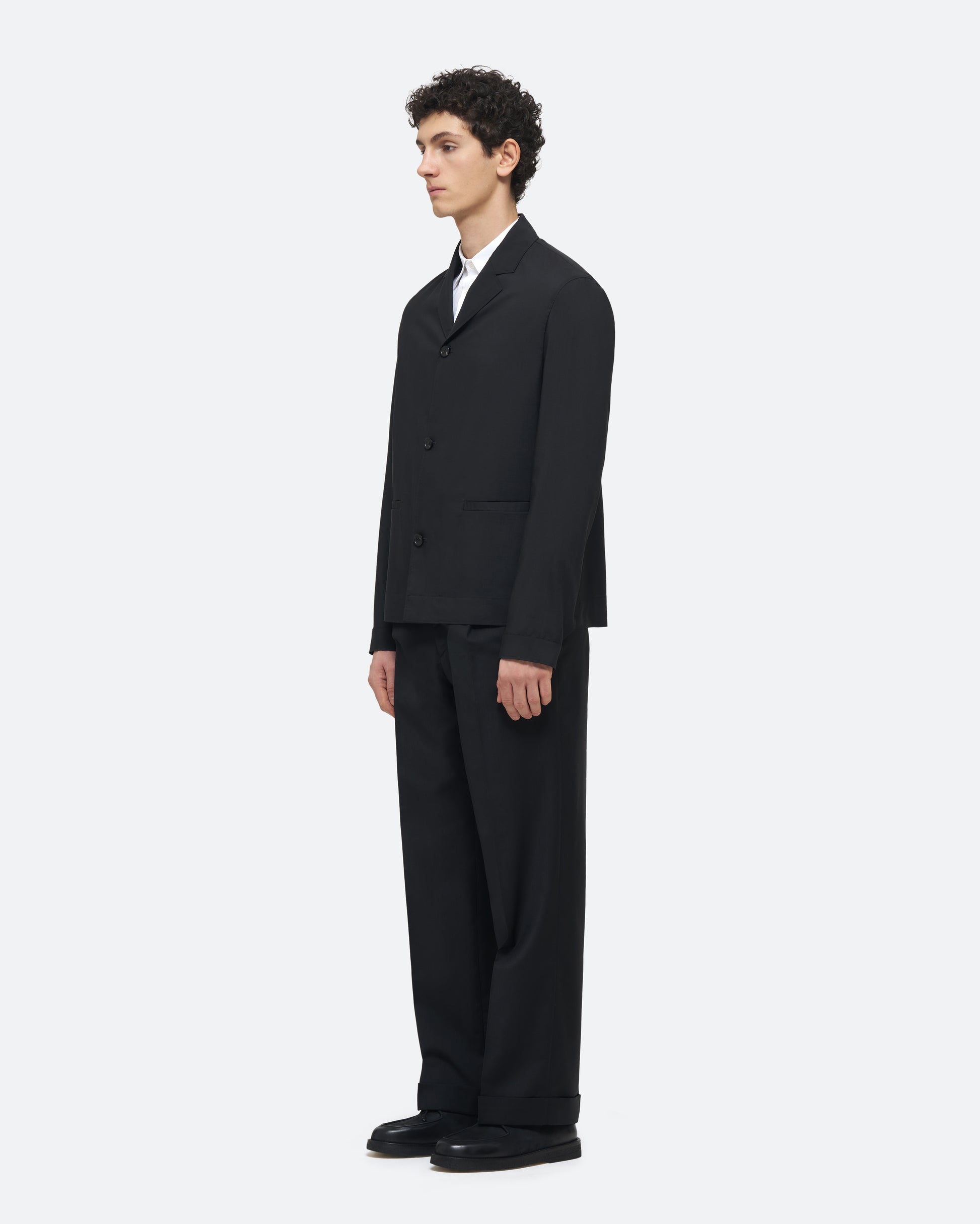 Wool Silk Jacket in Black Wool Silk on model