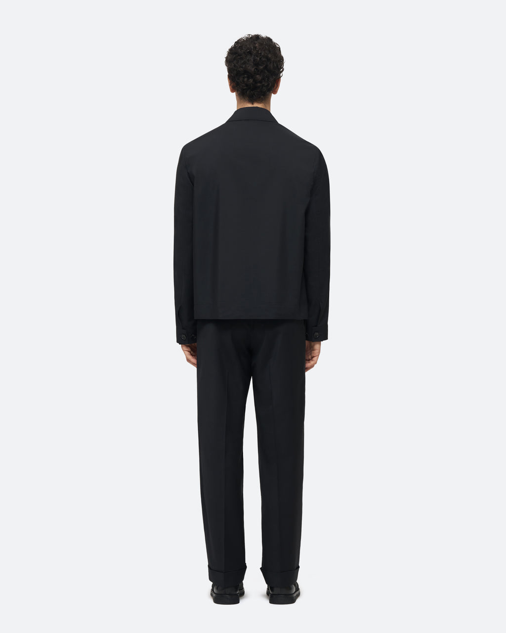 Wool Silk Jacket in Black Wool Silk on model