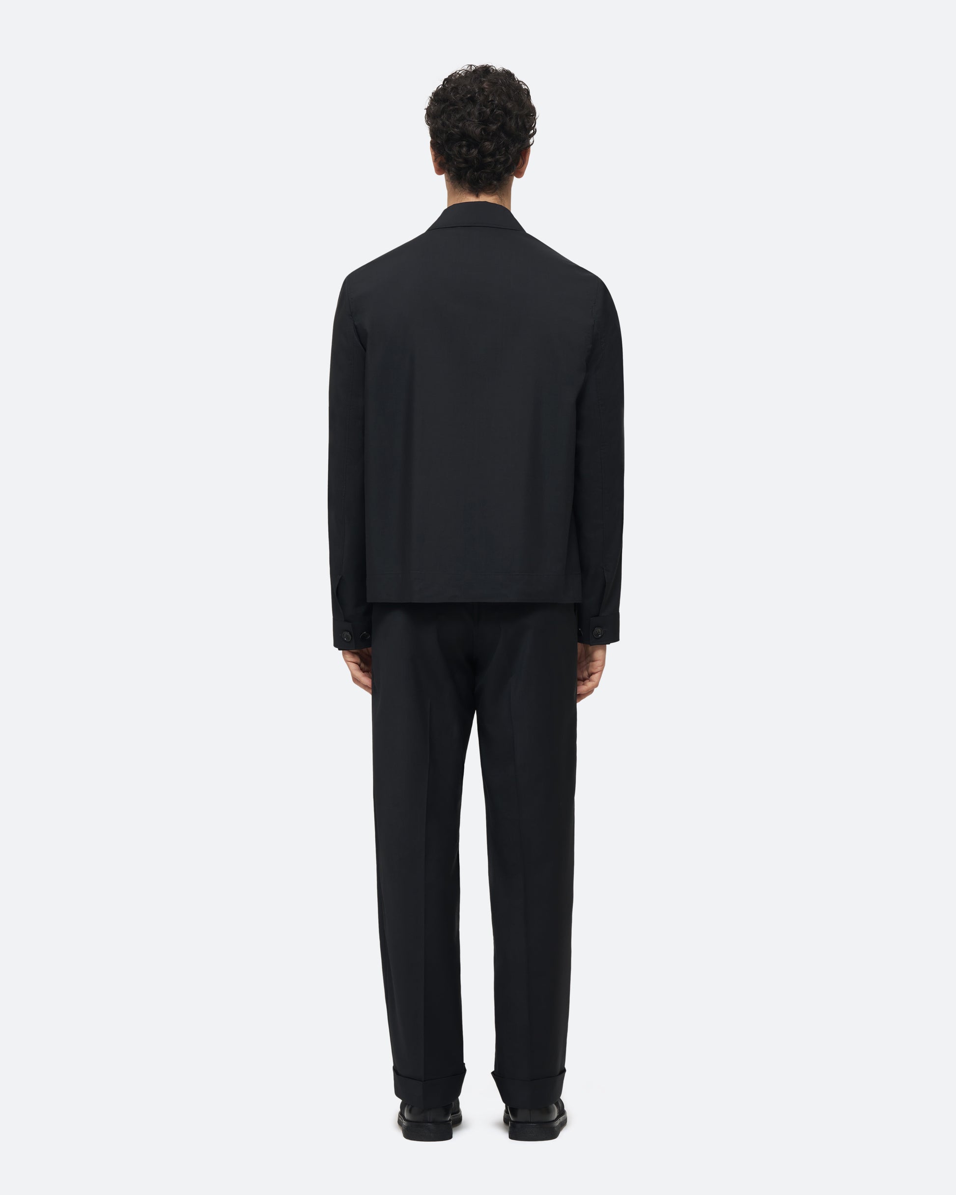 Wool Silk Jacket in Black Wool Silk on model