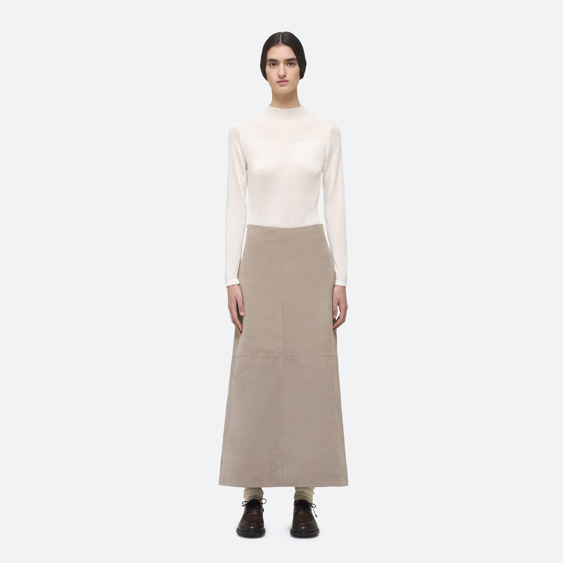 Column Skirt in Taupe Suede on model