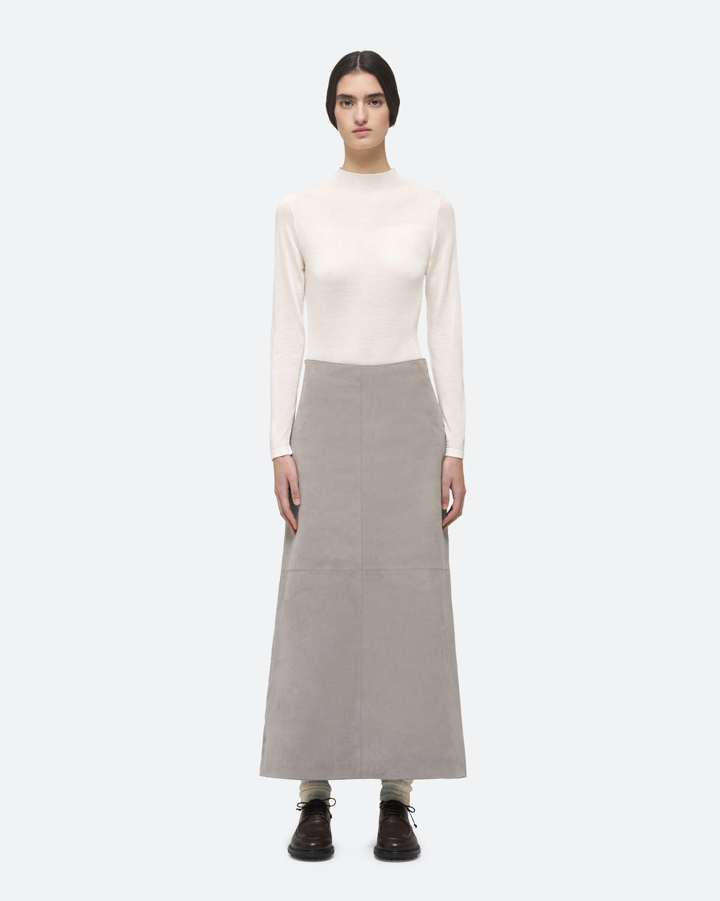 Column Skirt in Taupe Suede on model