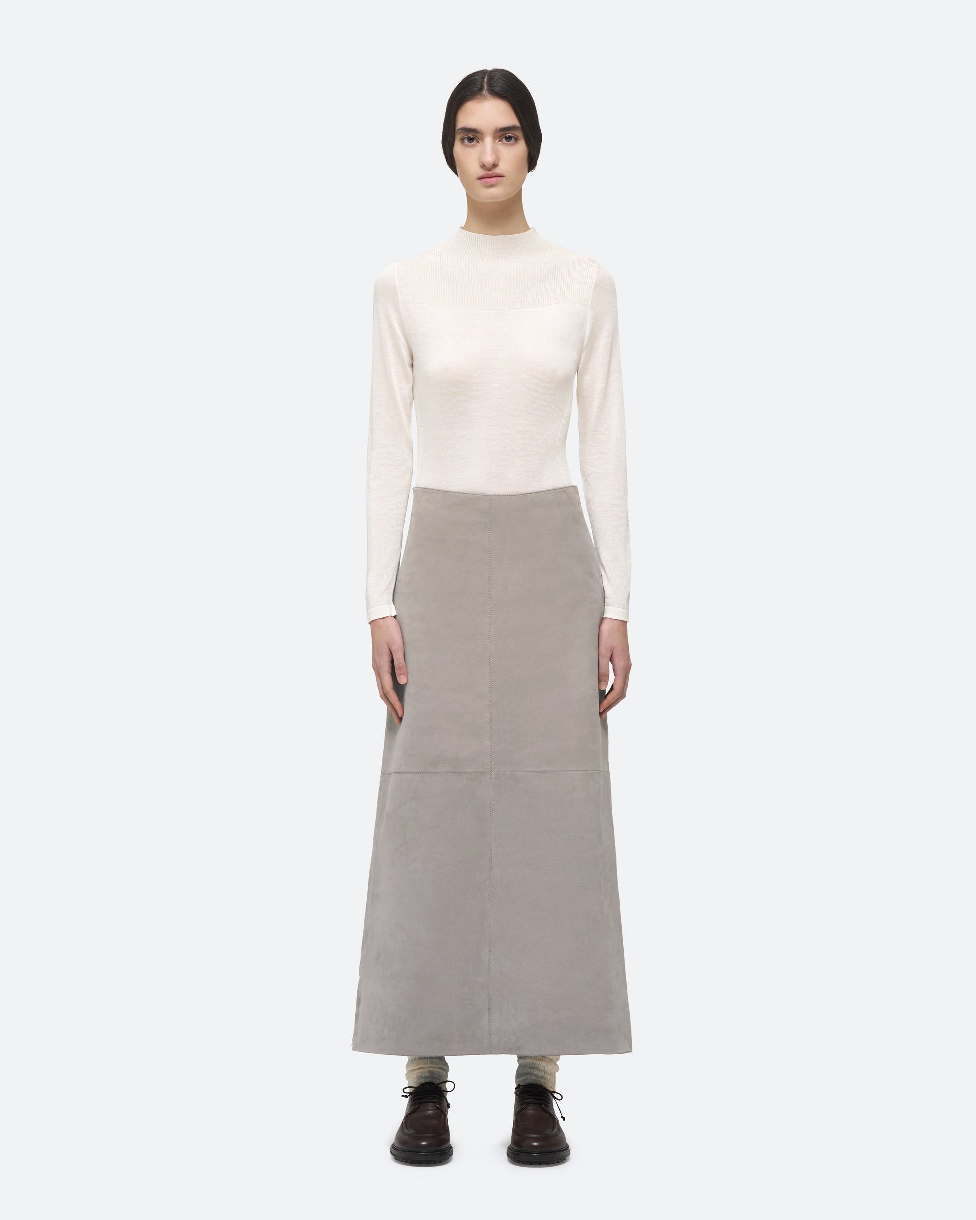 Column Skirt in Taupe Suede on model