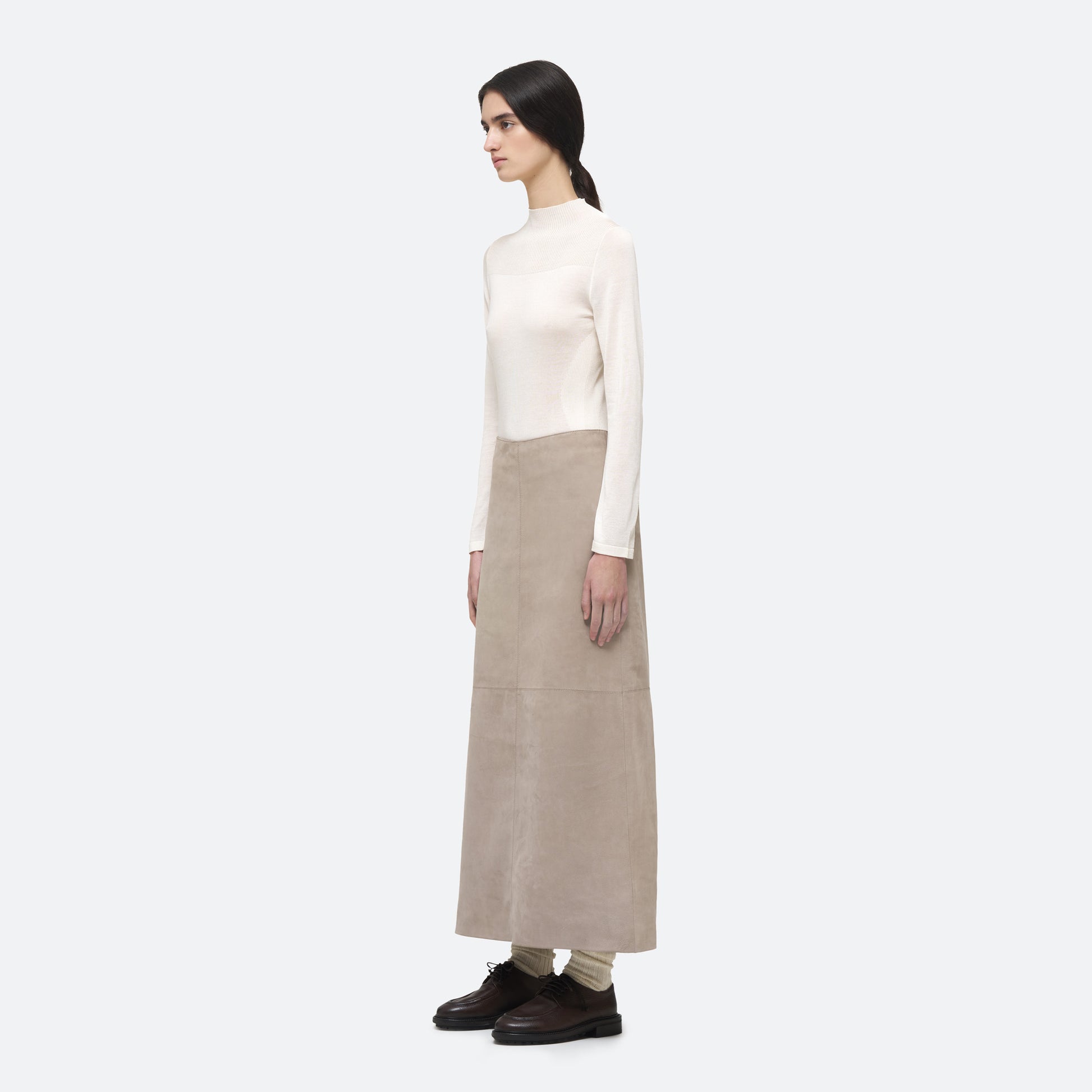 Column Skirt in Taupe Suede on model