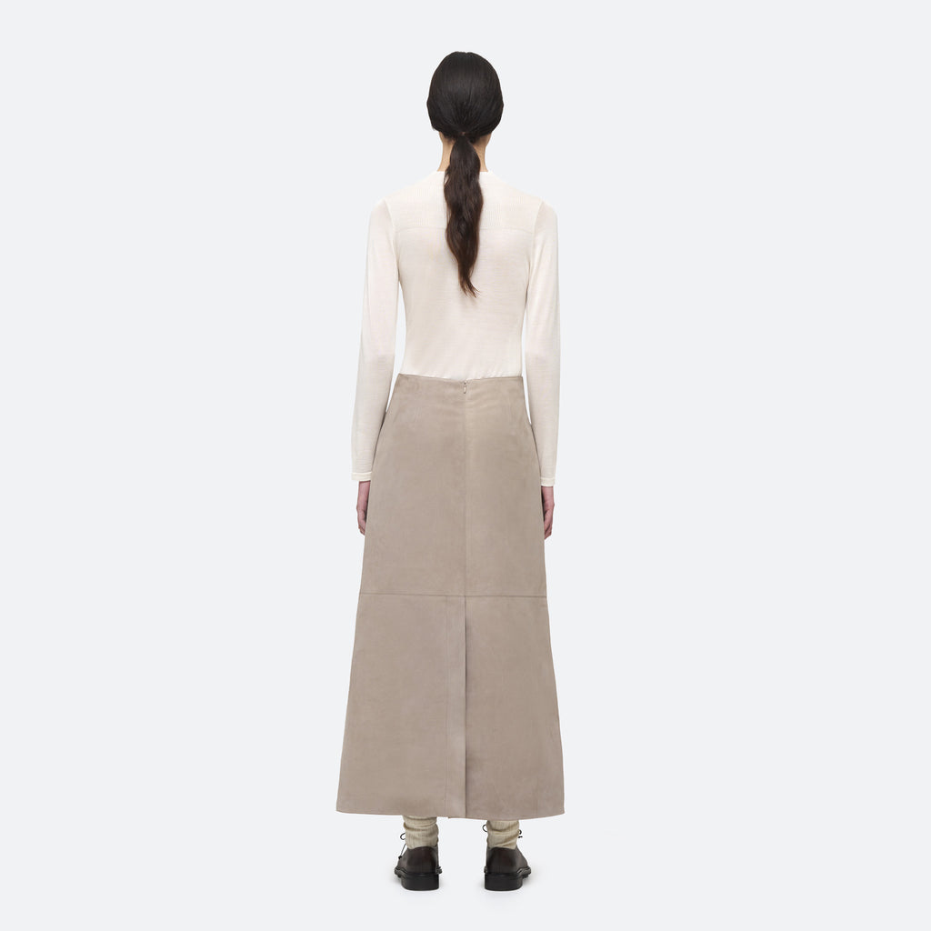 Column Skirt in Taupe Suede on model