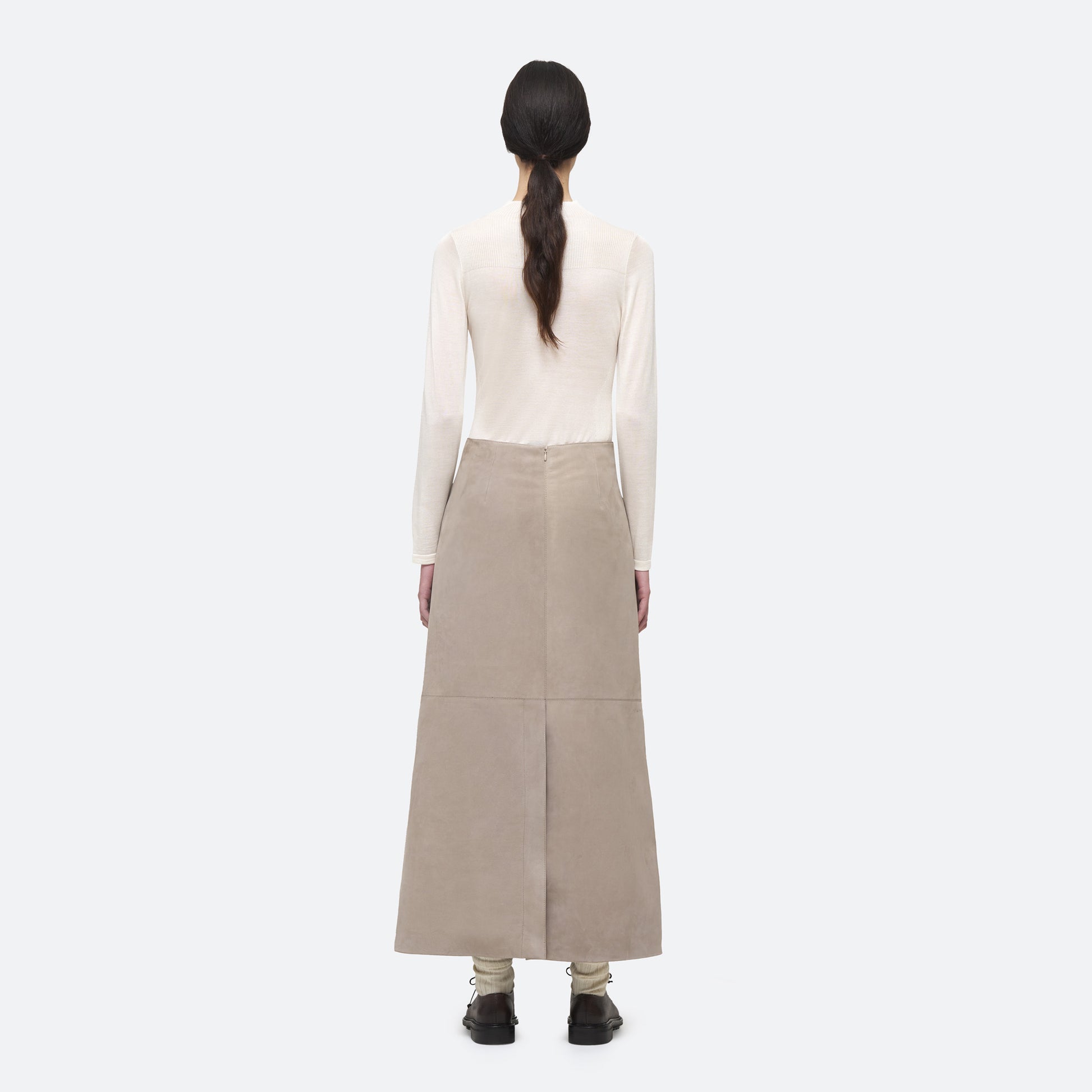 Column Skirt in Taupe Suede on model