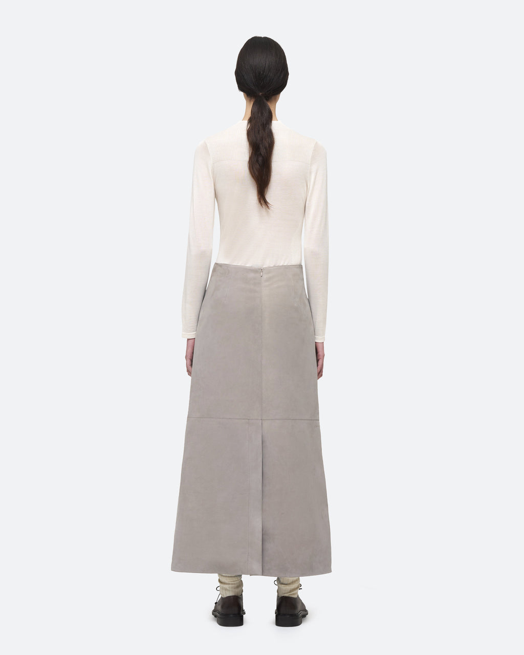 Column Skirt in Taupe Suede on model