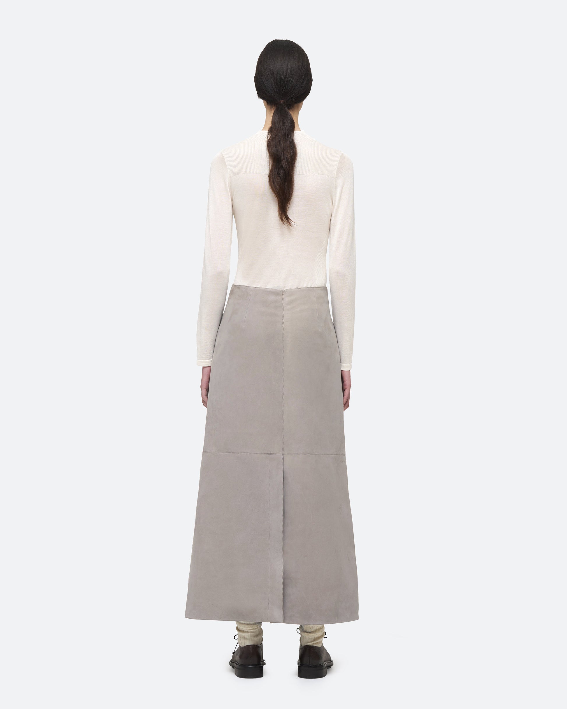 Column Skirt in Taupe Suede on model