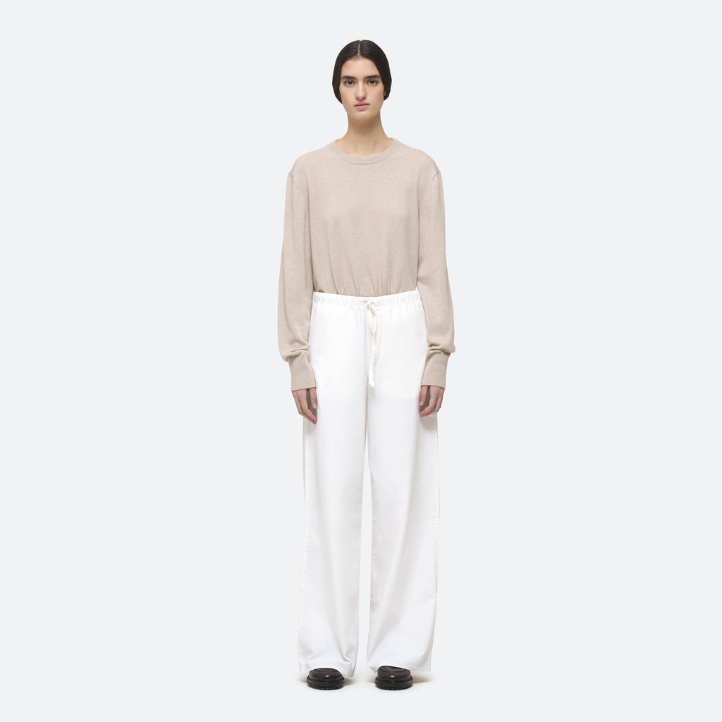 Cotton Silk Drawstring Trouser in White on model