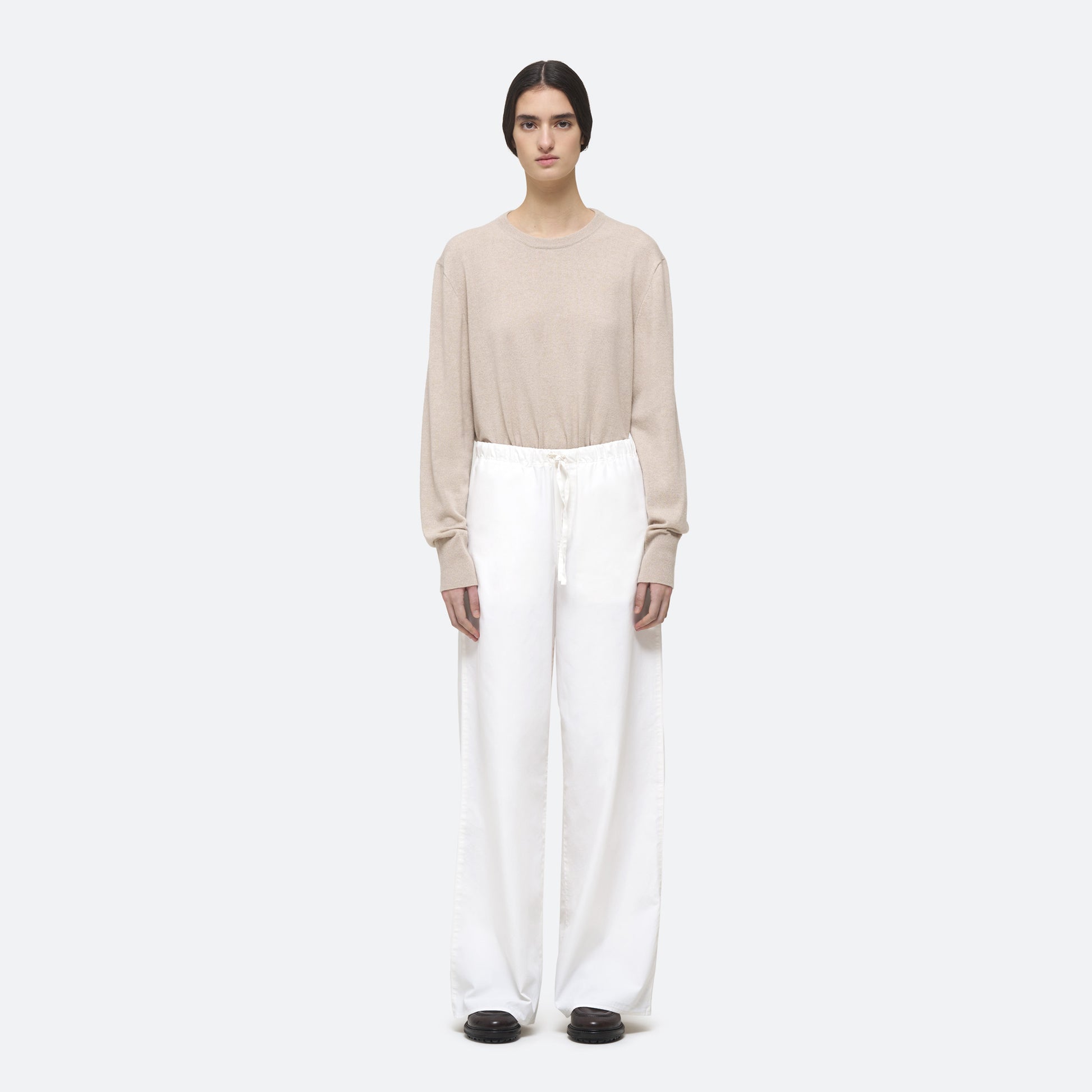 Cotton Silk Drawstring Trouser in White on model
