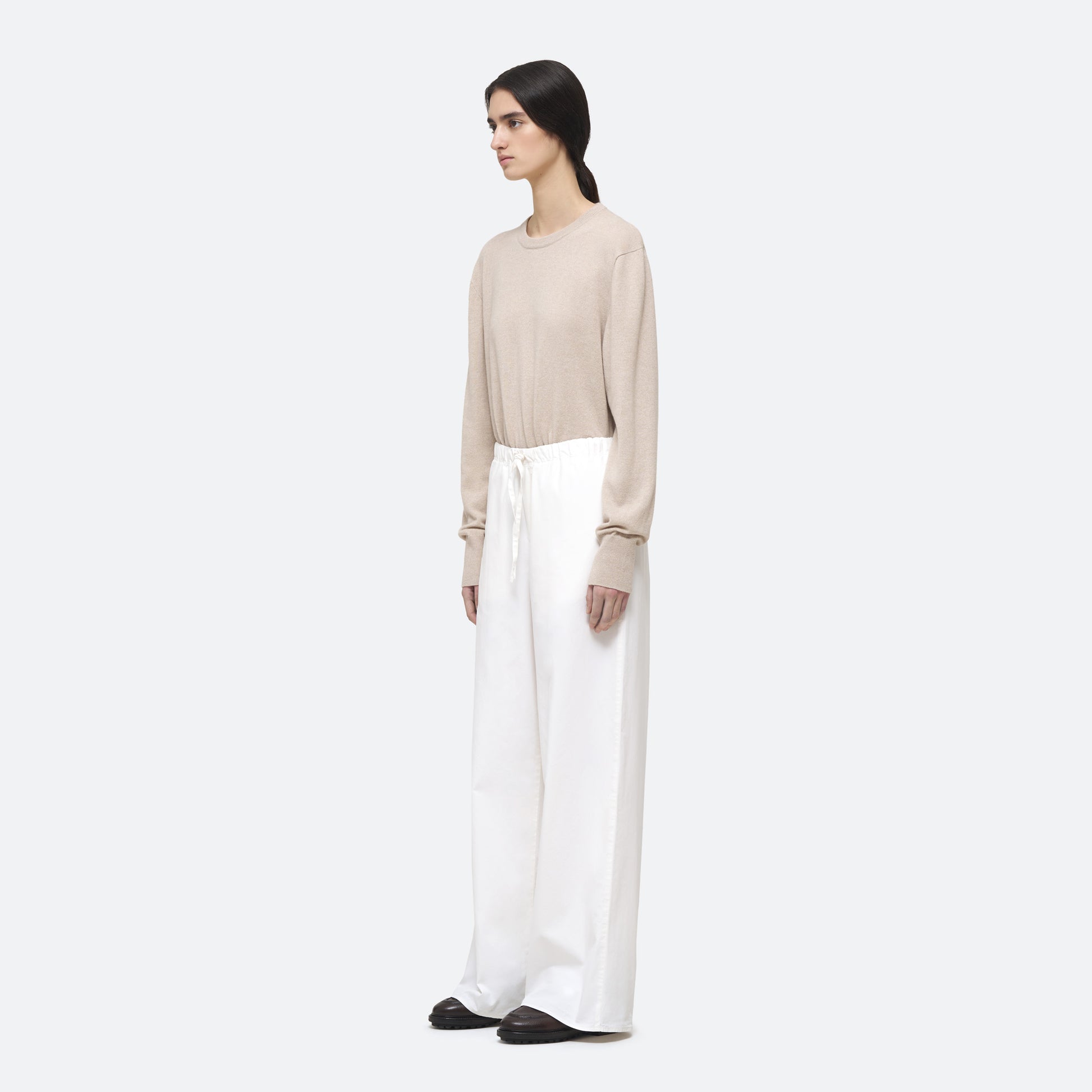 Cotton Silk Drawstring Trouser in White on model