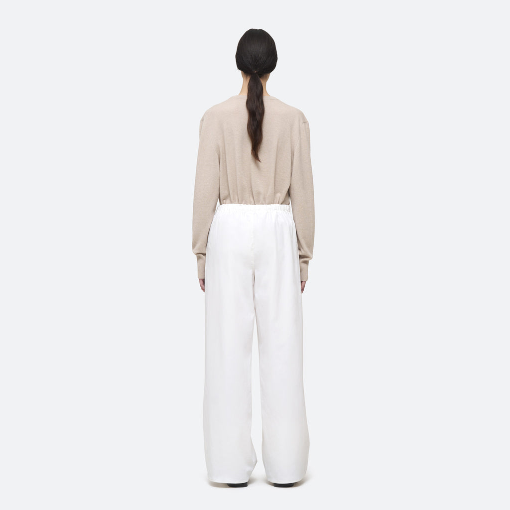 Cotton Silk Drawstring Trouser in White on model