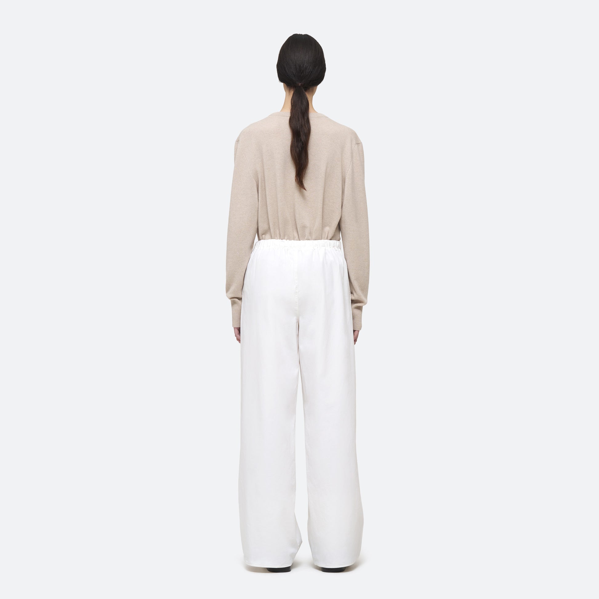 Cotton Silk Drawstring Trouser in White on model