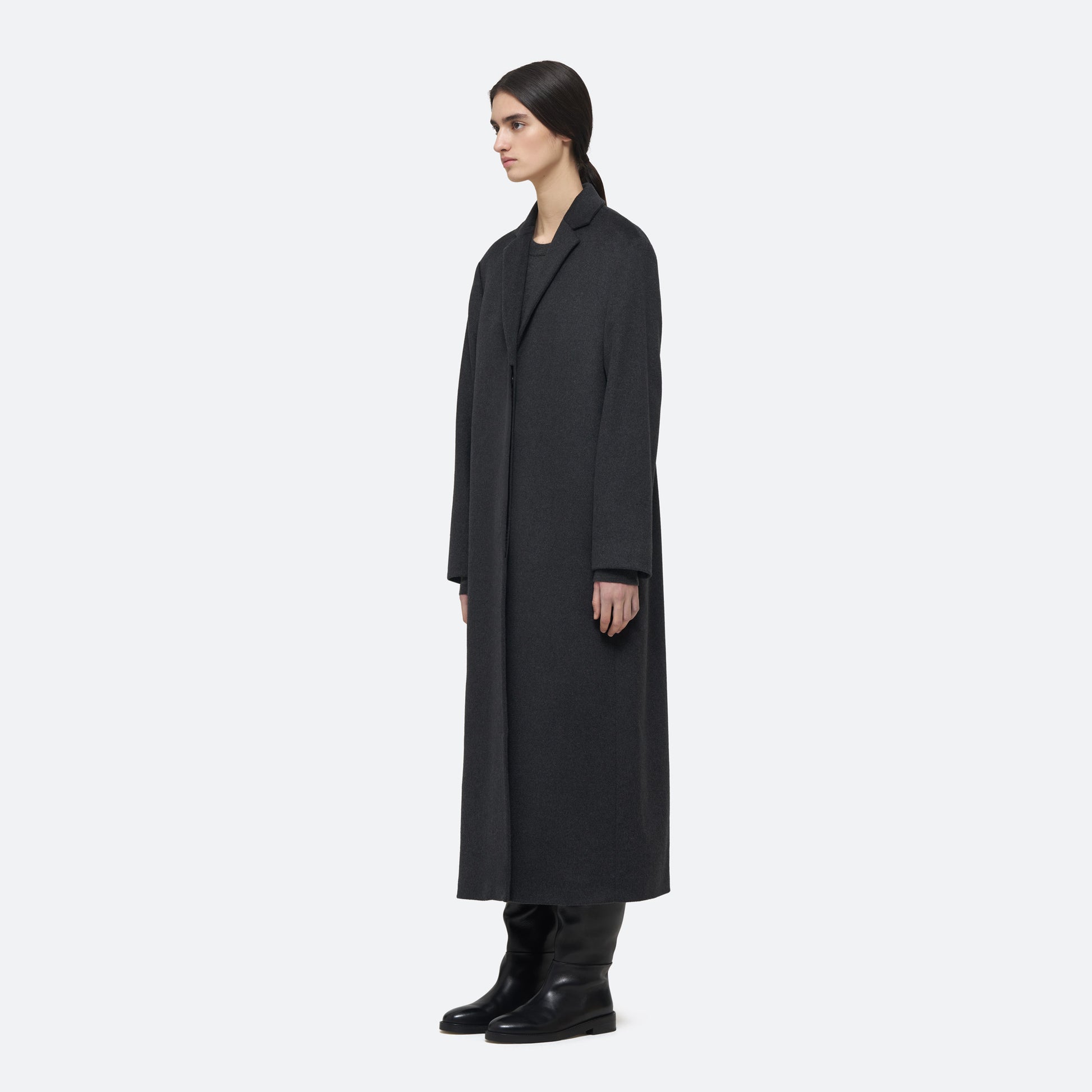 Wool Cashmere Long Coat in Lupo on model