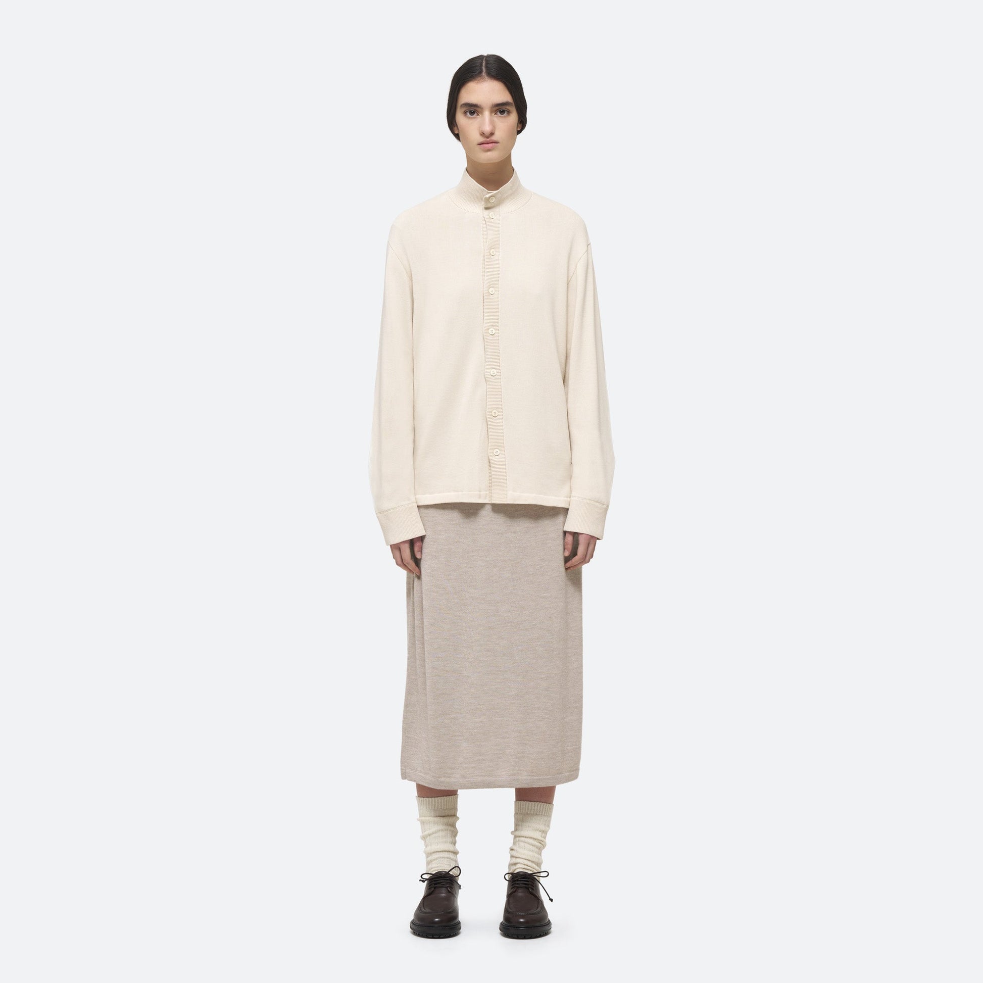 Cotton Knit Shirt in Ecru on model