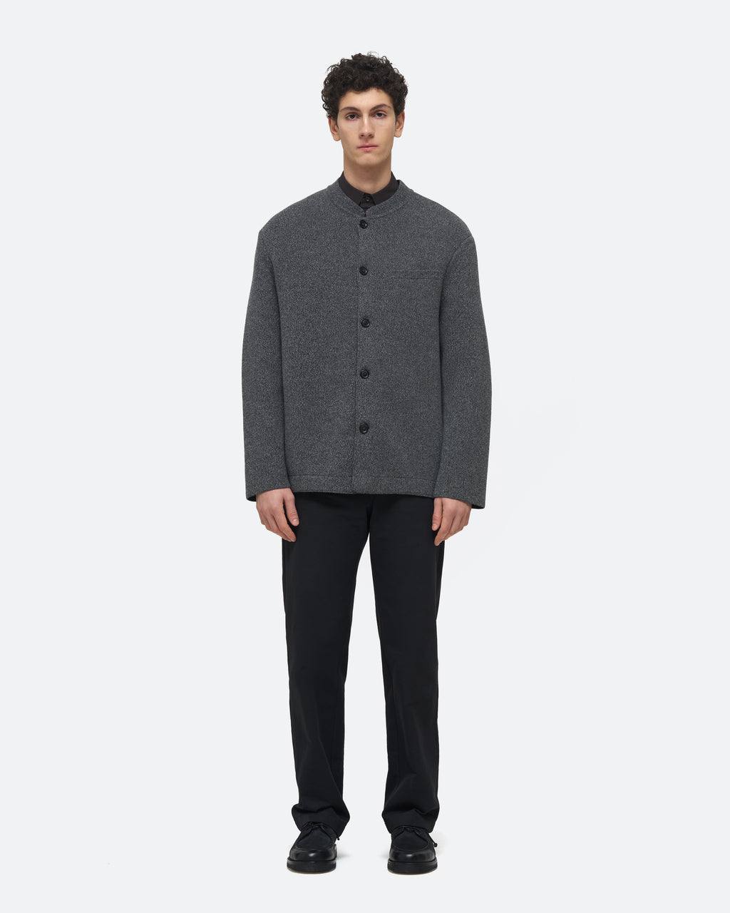 Wool Cashmere Knit Jacket in Charcoal on model