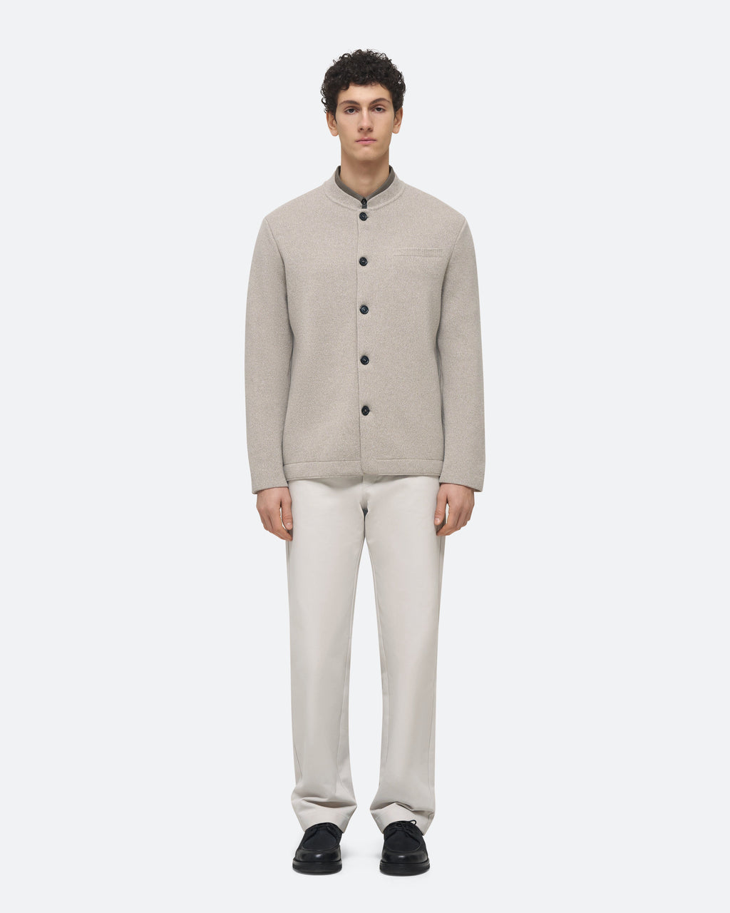 Wool Cashmere Knit Jacket in Beige on model