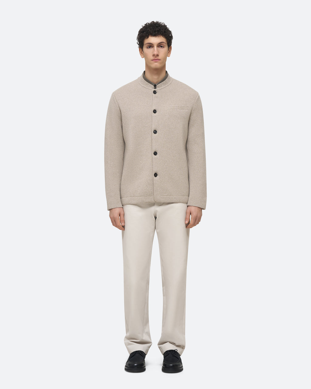 Wool Cashmere Knit Jacket in Beige on model