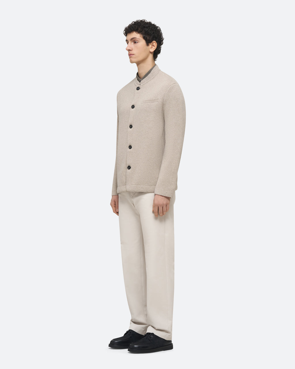 Wool Cashmere Knit Jacket in Beige on model